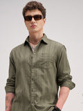 Highlander Men Olive Striped Regular Fit Casual Shirt - Olive - Image 1