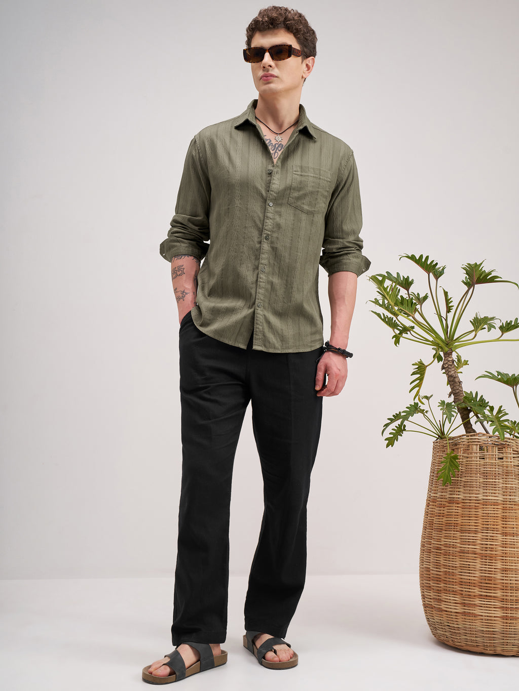 Highlander Men Olive Striped Regular Fit Casual Shirt - Olive - Image 2