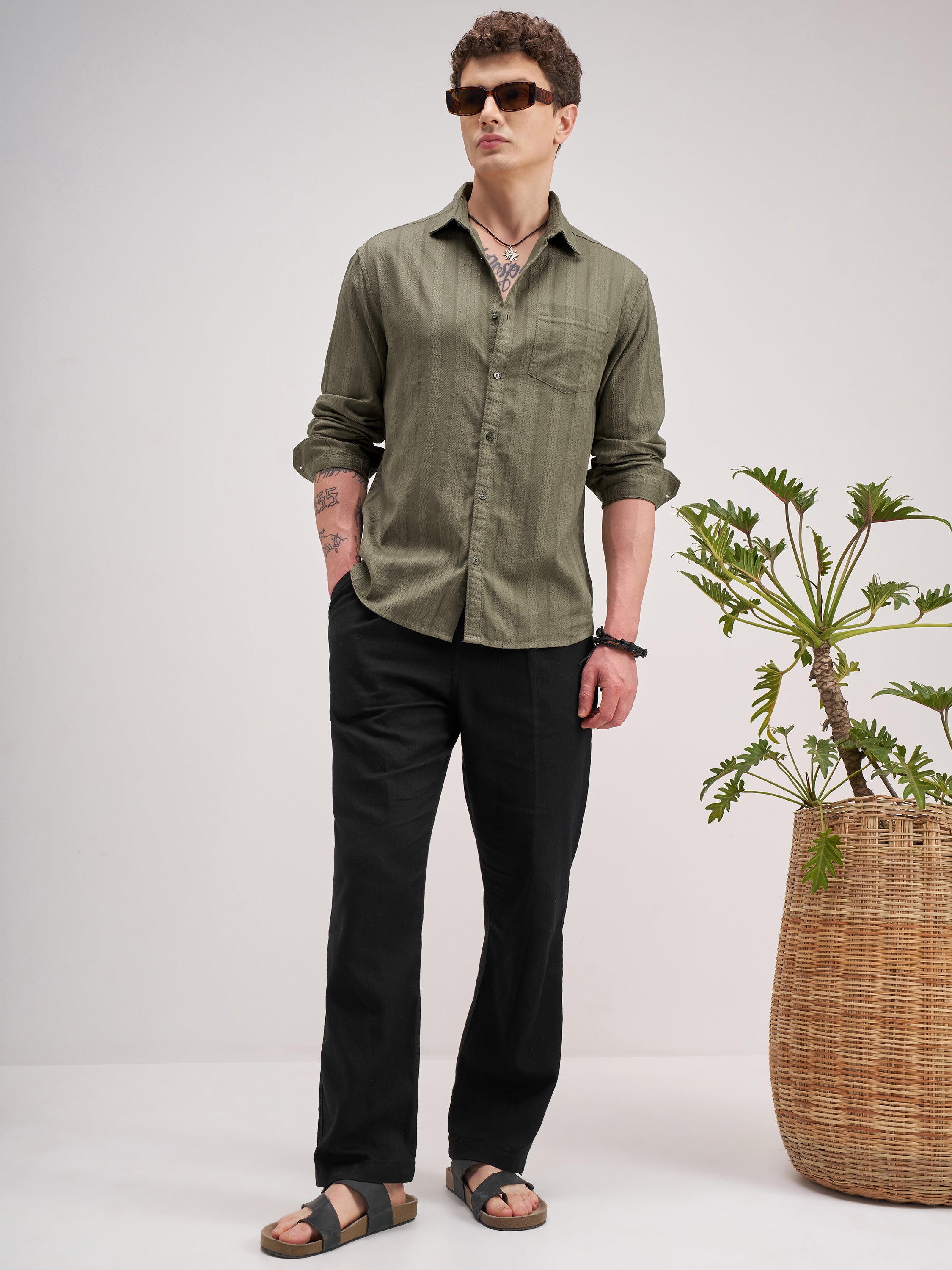 Highlander Men Olive Striped Regular Fit Casual Shirt - Olive - Image 2