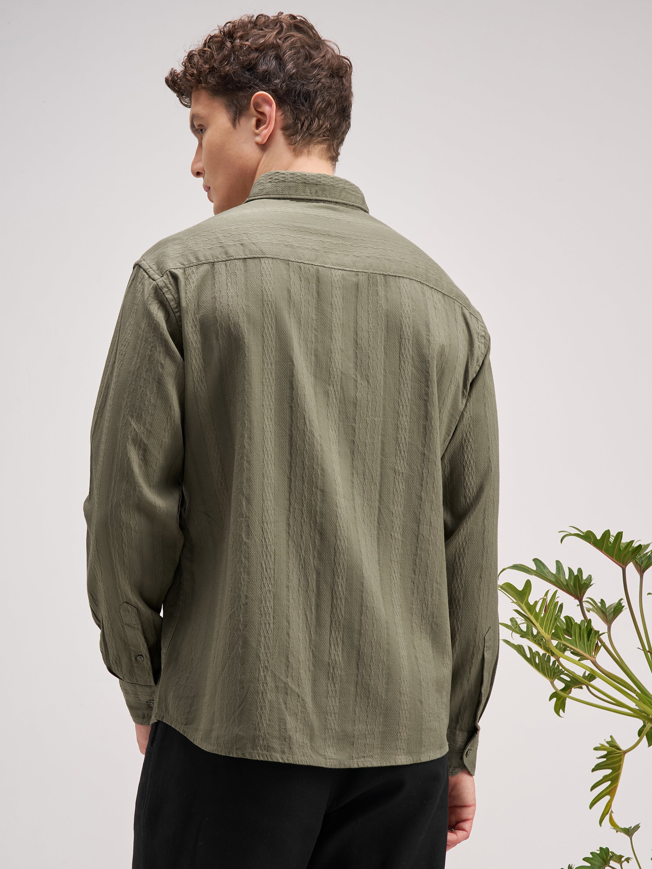 Highlander Men Olive Striped Regular Fit Casual Shirt - Olive - Image 3