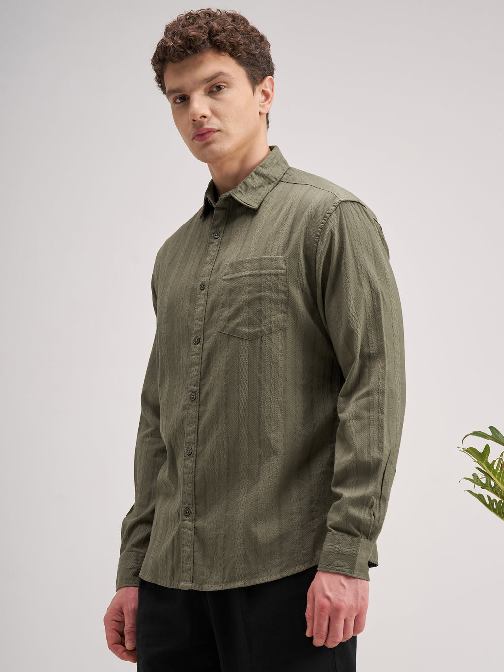 Highlander Men Olive Striped Regular Fit Casual Shirt - Olive - Image 4