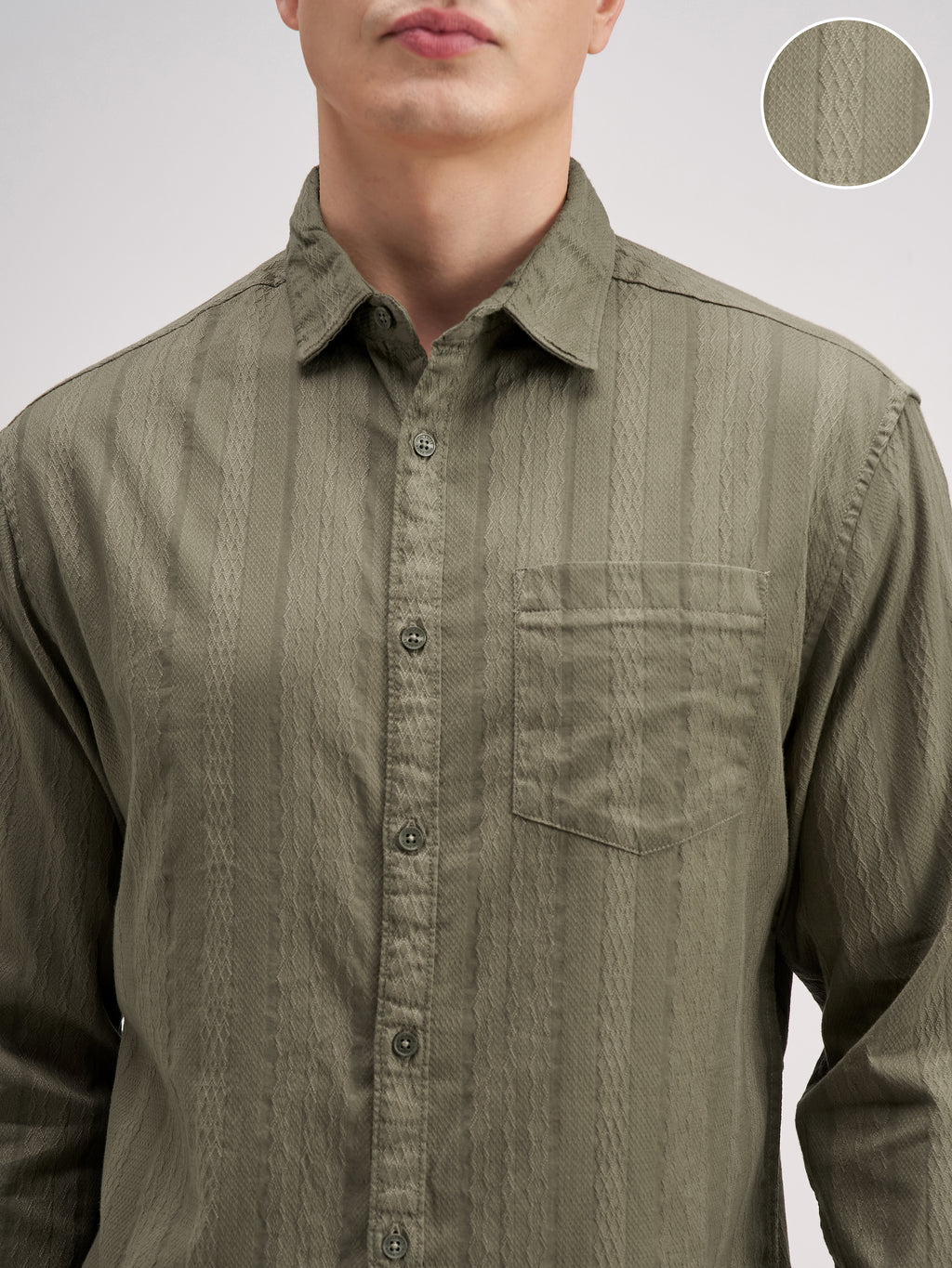 Highlander Men Olive Striped Regular Fit Casual Shirt - Olive - Image 5