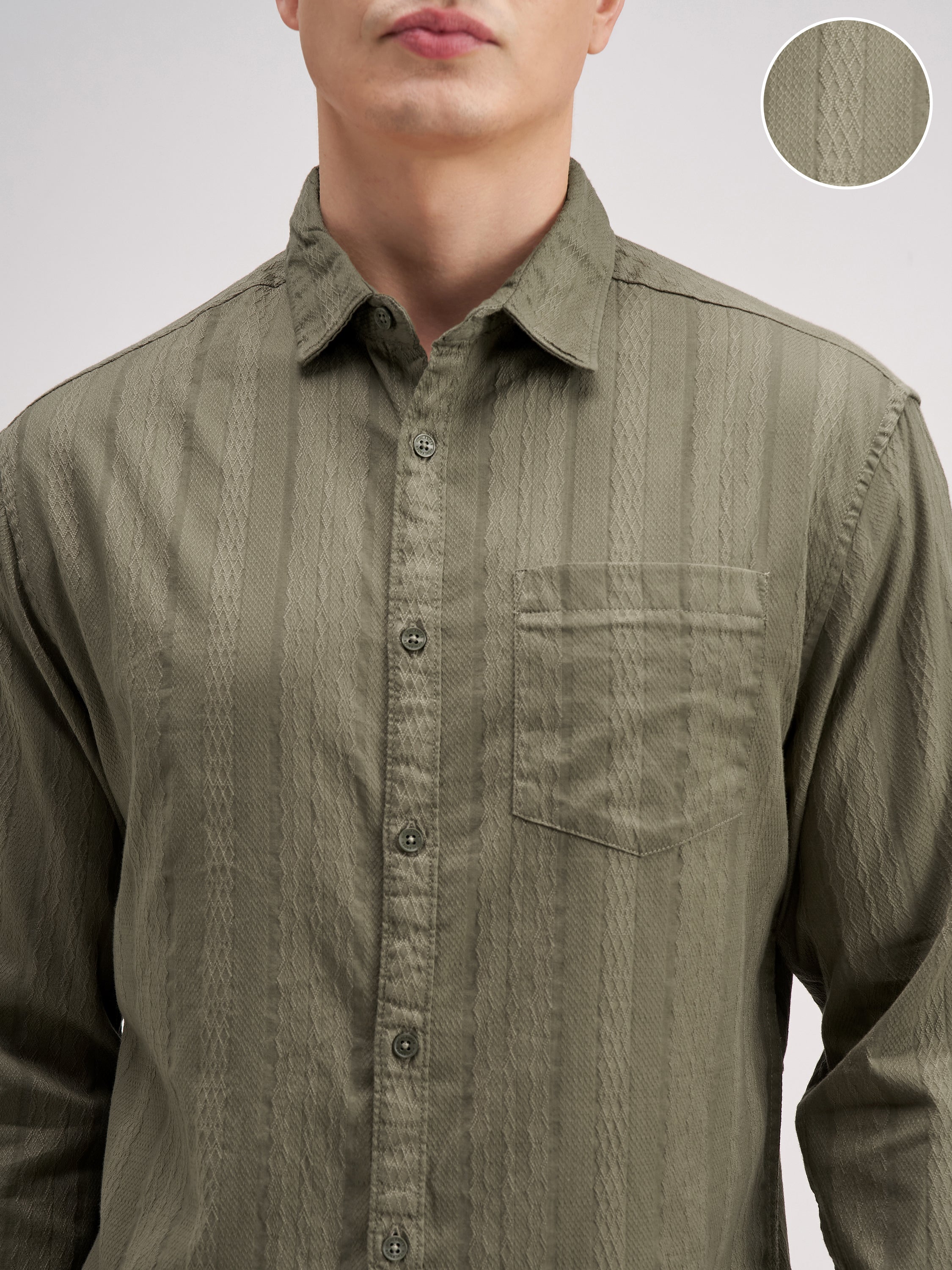 Highlander Men Olive Striped Regular Fit Casual Shirt - Olive - Image 5