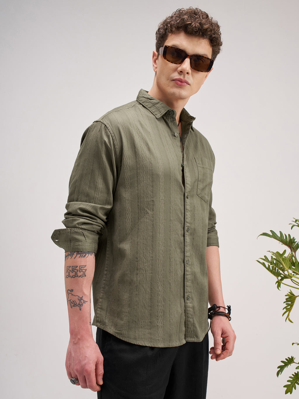 Highlander Men Olive Striped Regular Fit Casual Shirt - Olive - Image 6