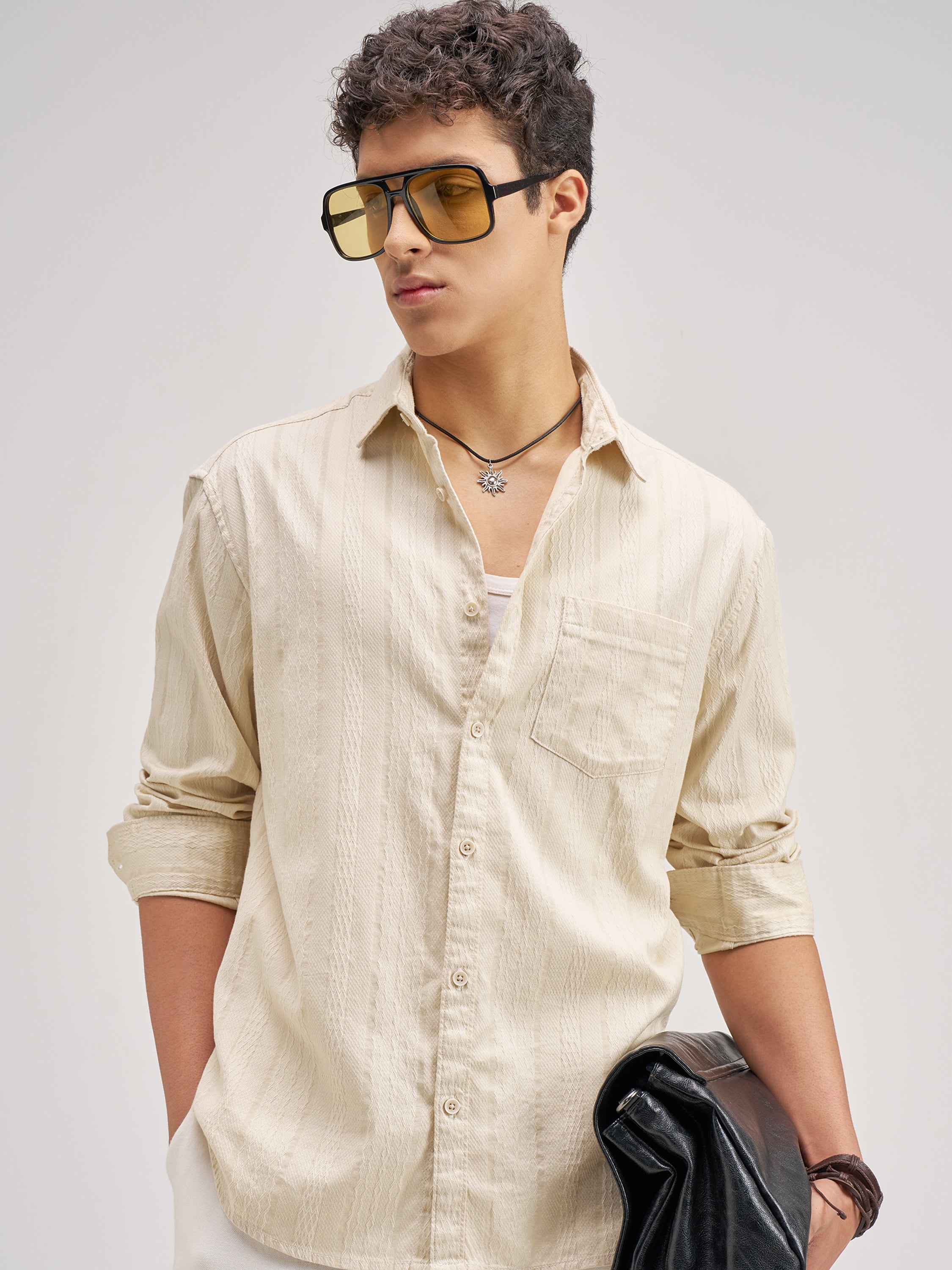 Highlander Men Cream Self Design Regular Fit Casual Shirt - Cream - Image 1
