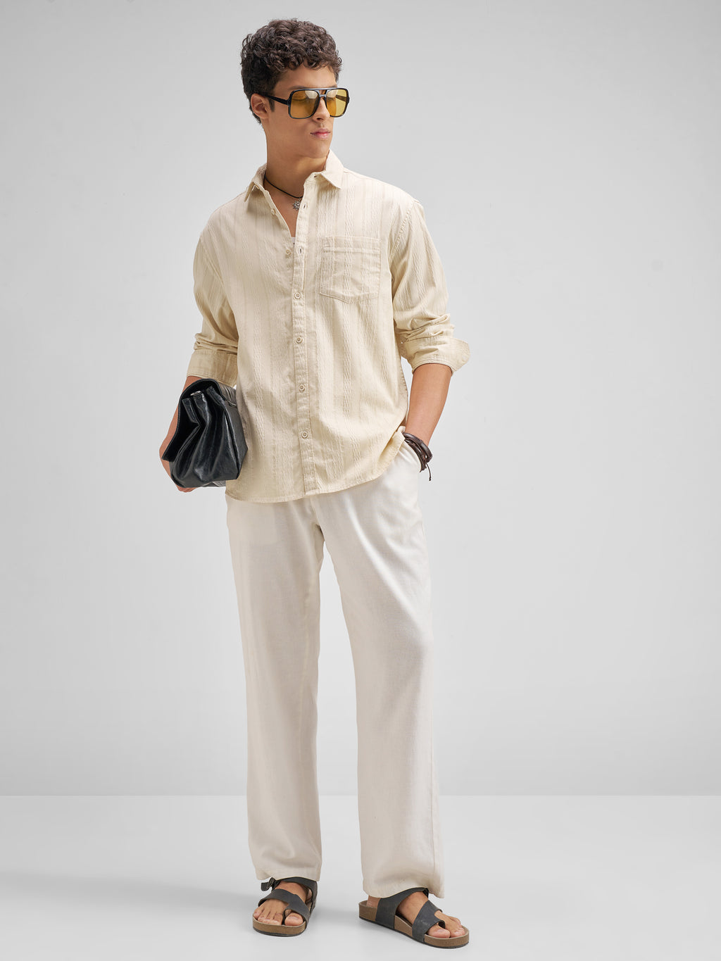 Highlander Men Cream Self Design Regular Fit Casual Shirt - Cream - Image 2