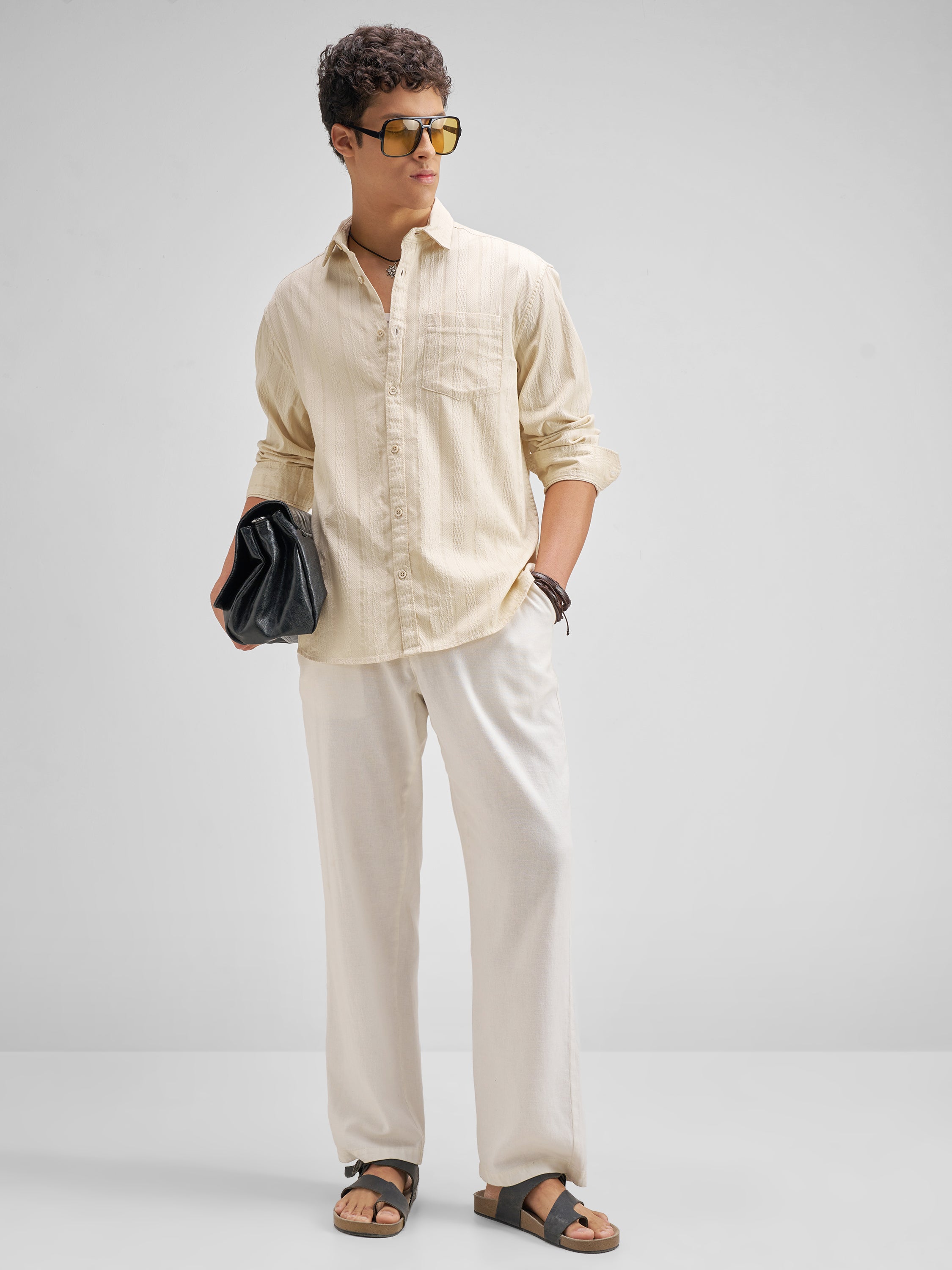 Highlander Men Cream Self Design Regular Fit Casual Shirt - Cream - Image 2