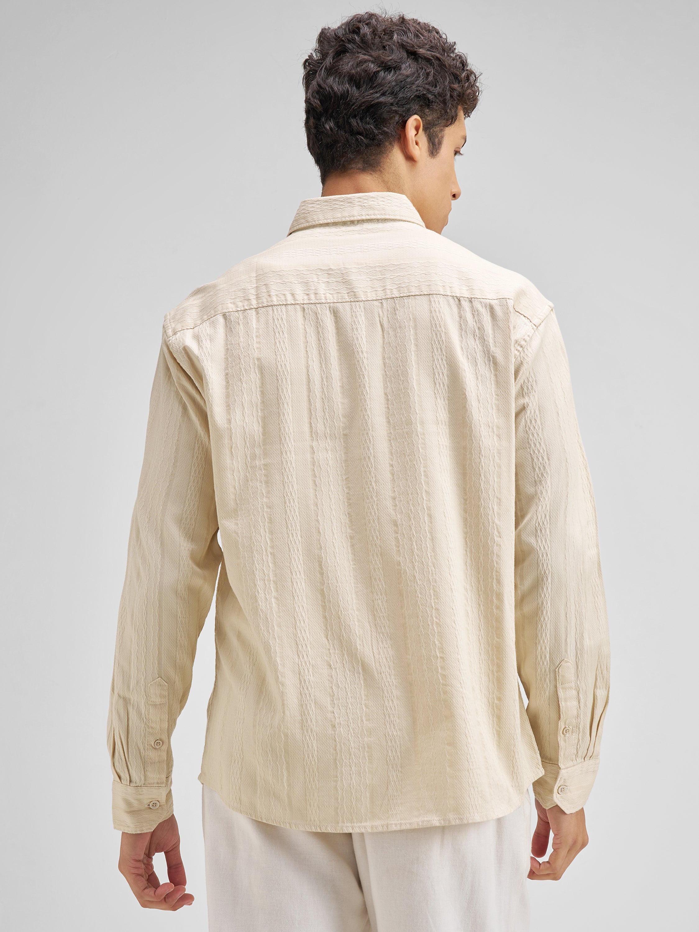 Highlander Men Cream Self Design Regular Fit Casual Shirt - Cream - Image 3