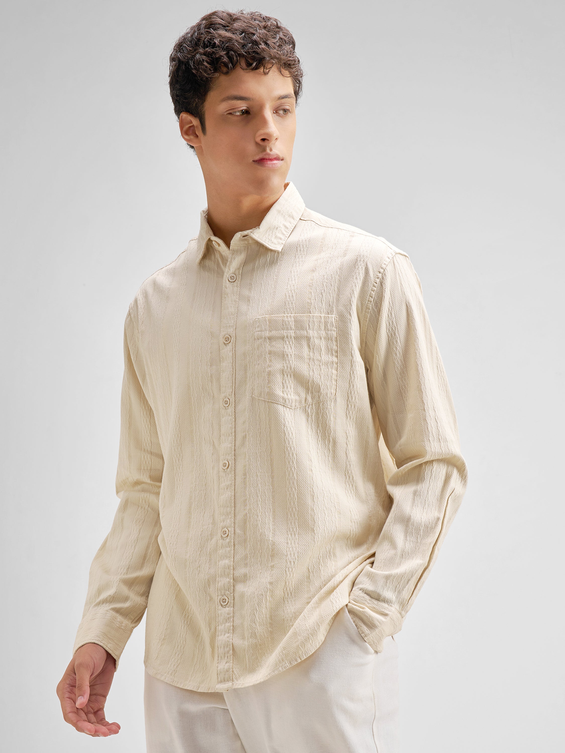 Highlander Men Cream Self Design Regular Fit Casual Shirt - Cream - Image 4
