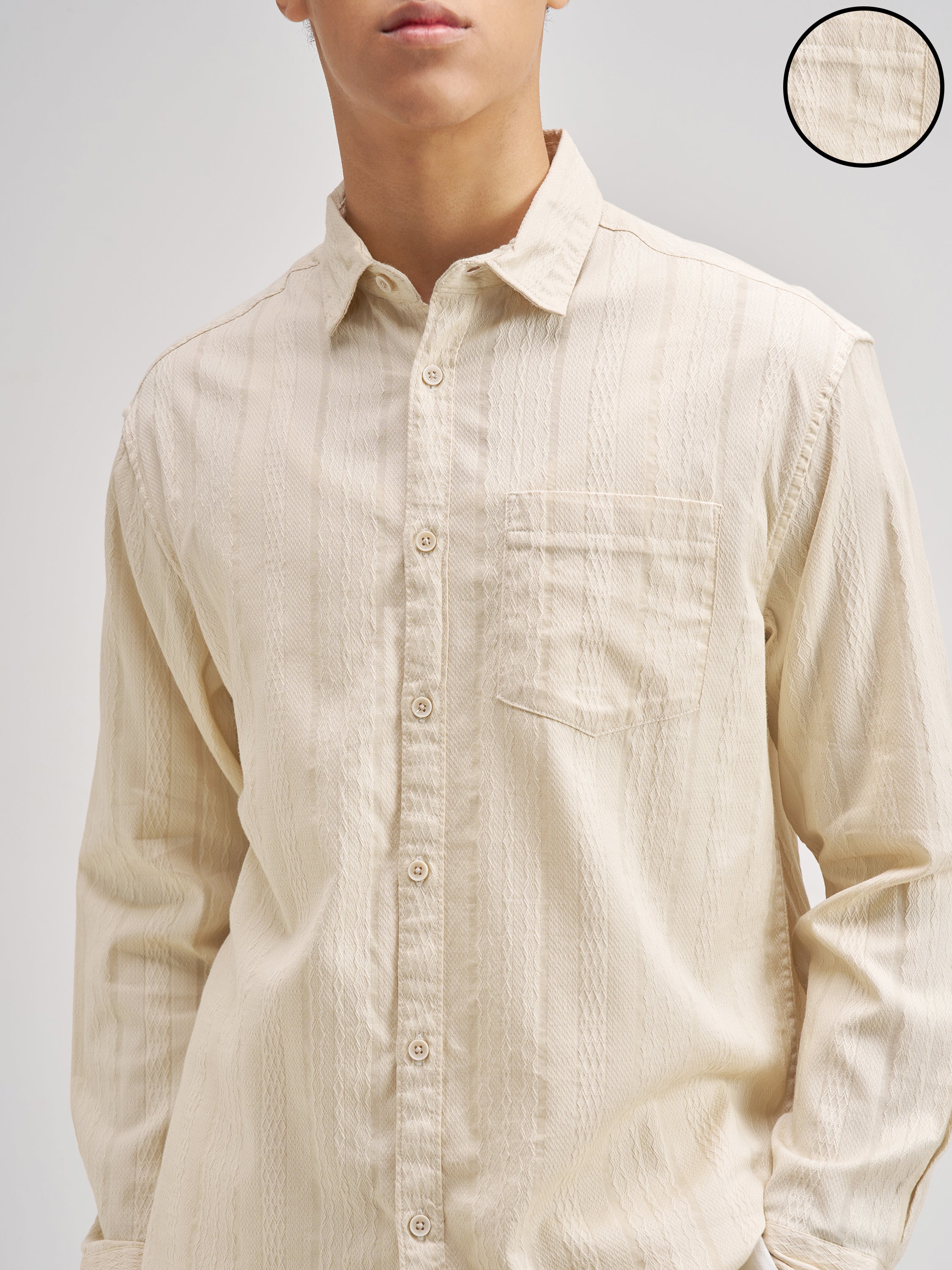Highlander Men Cream Self Design Regular Fit Casual Shirt - Cream - Image 5