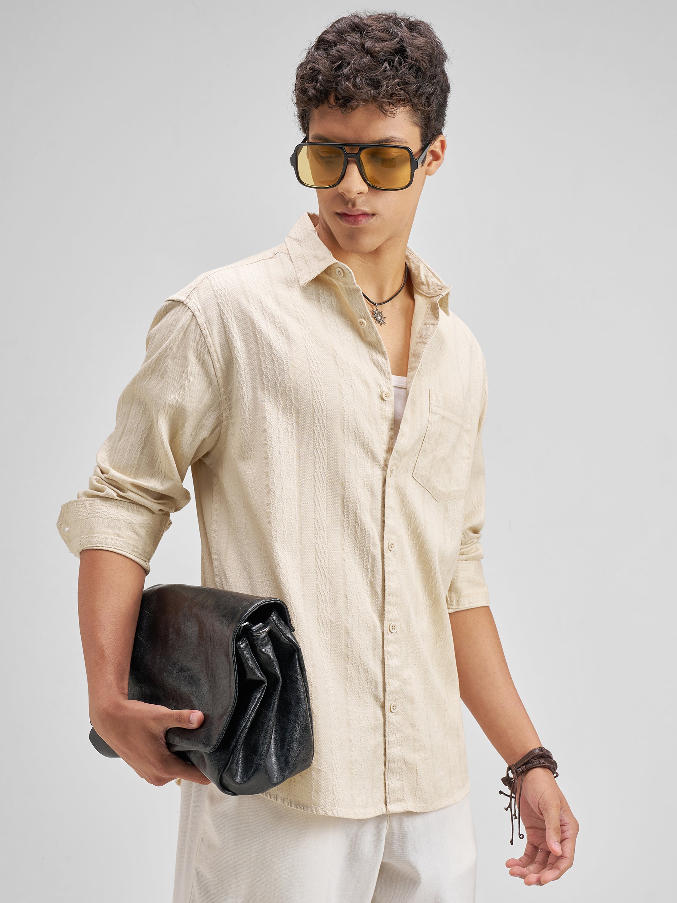 Highlander Men Cream Self Design Regular Fit Casual Shirt - Cream - Image 6