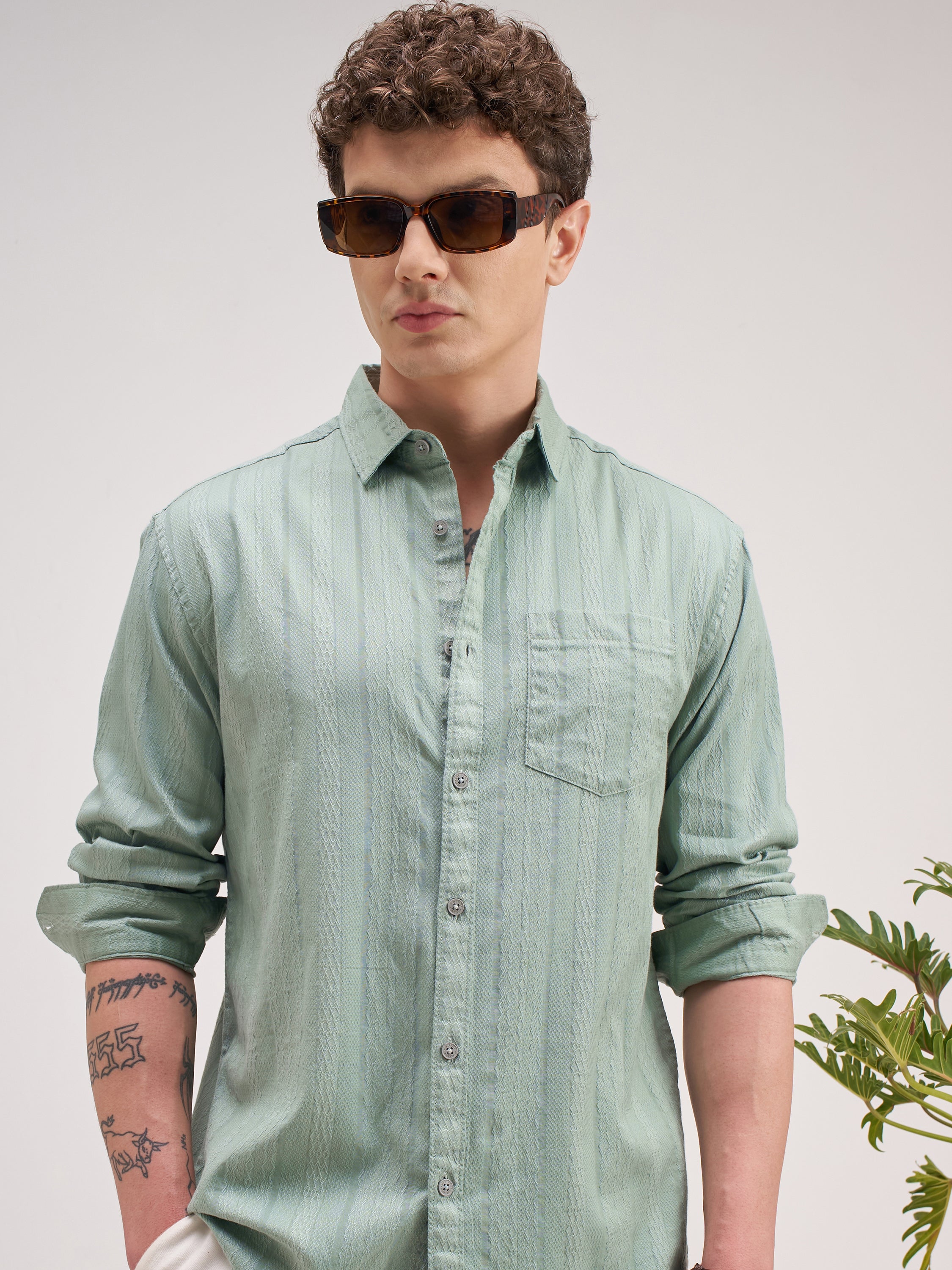 Highlander Men Green Striped Regular Fit Casual Shirt - Green - Image 1