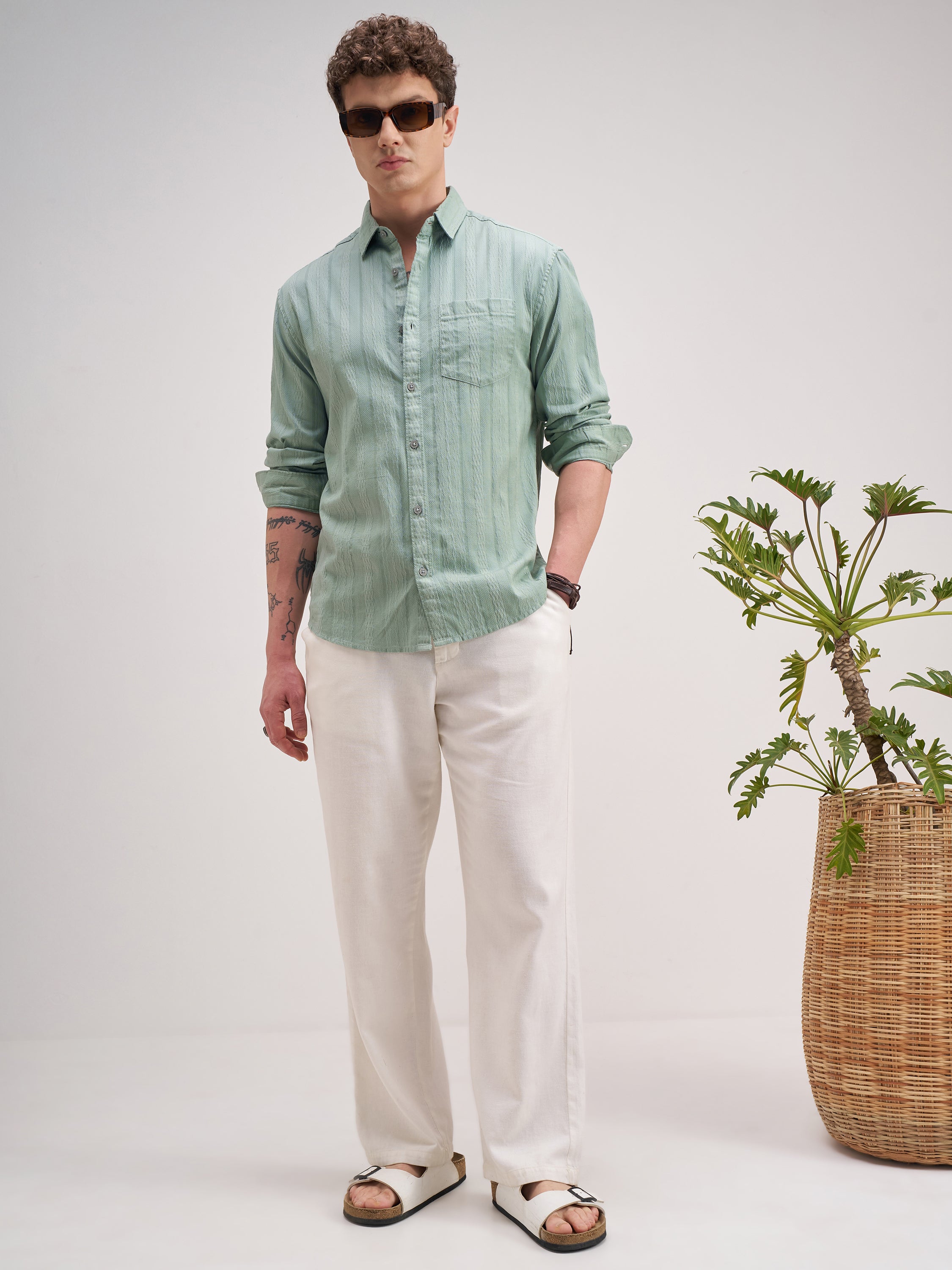 Highlander Men Green Striped Regular Fit Casual Shirt - Green - Image 2