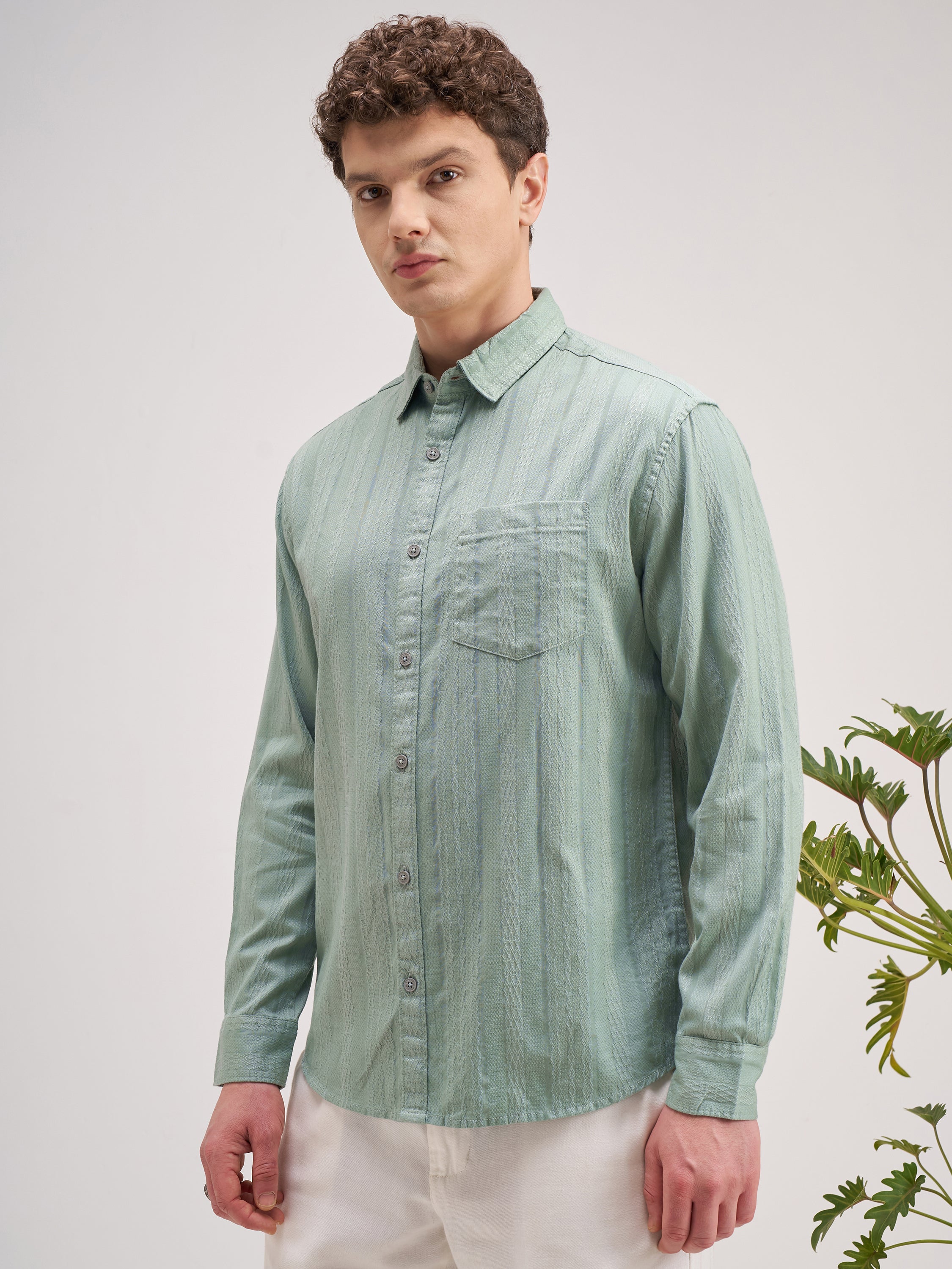 Highlander Men Green Striped Regular Fit Casual Shirt - Green - Image 4