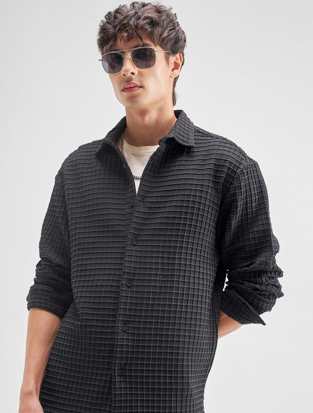 Highlander Men Black Self Design Relaxed Fit Casual Shirt - Black - Image 1