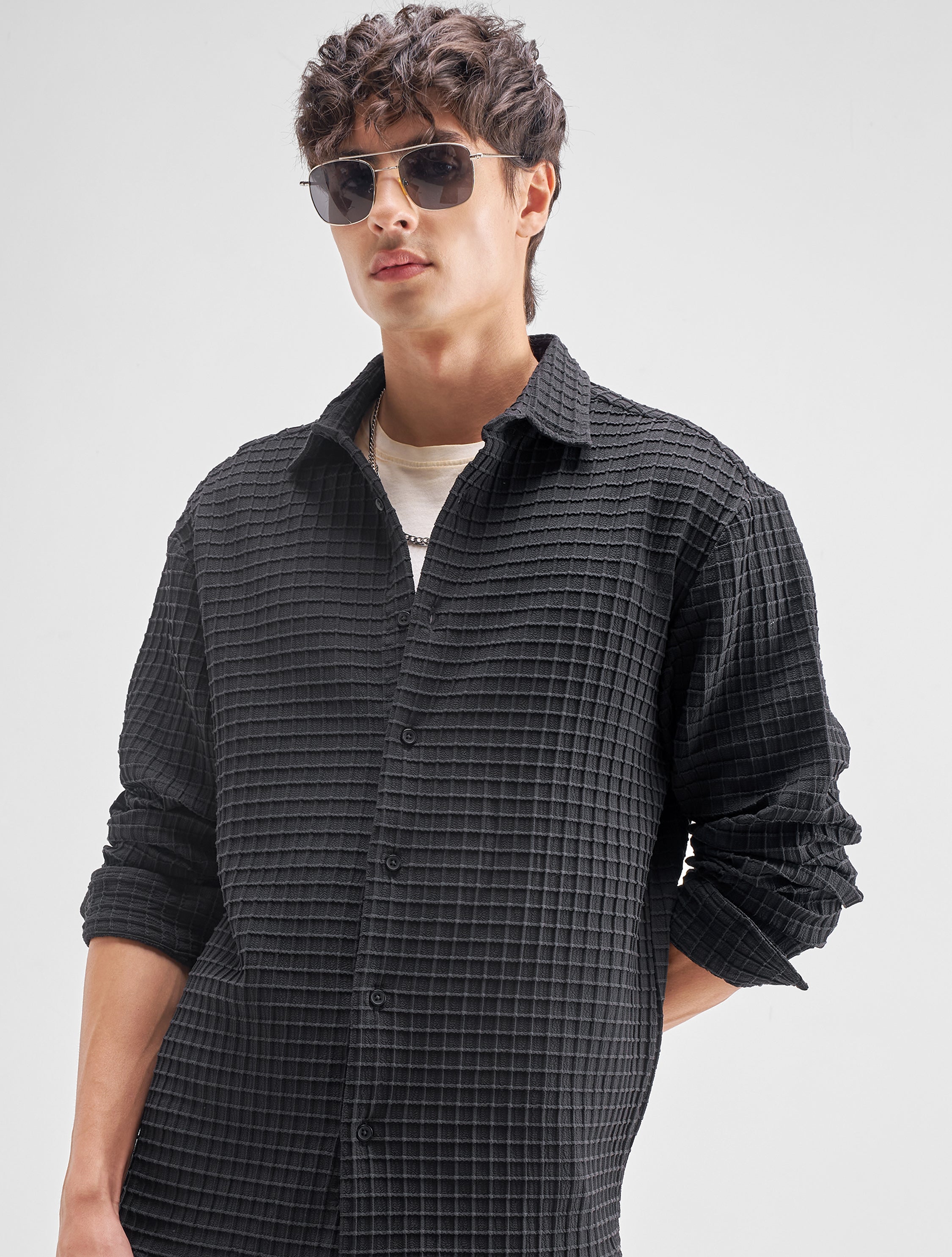 Highlander Men Black Self Design Relaxed Fit Casual Shirt - Black - Image 1