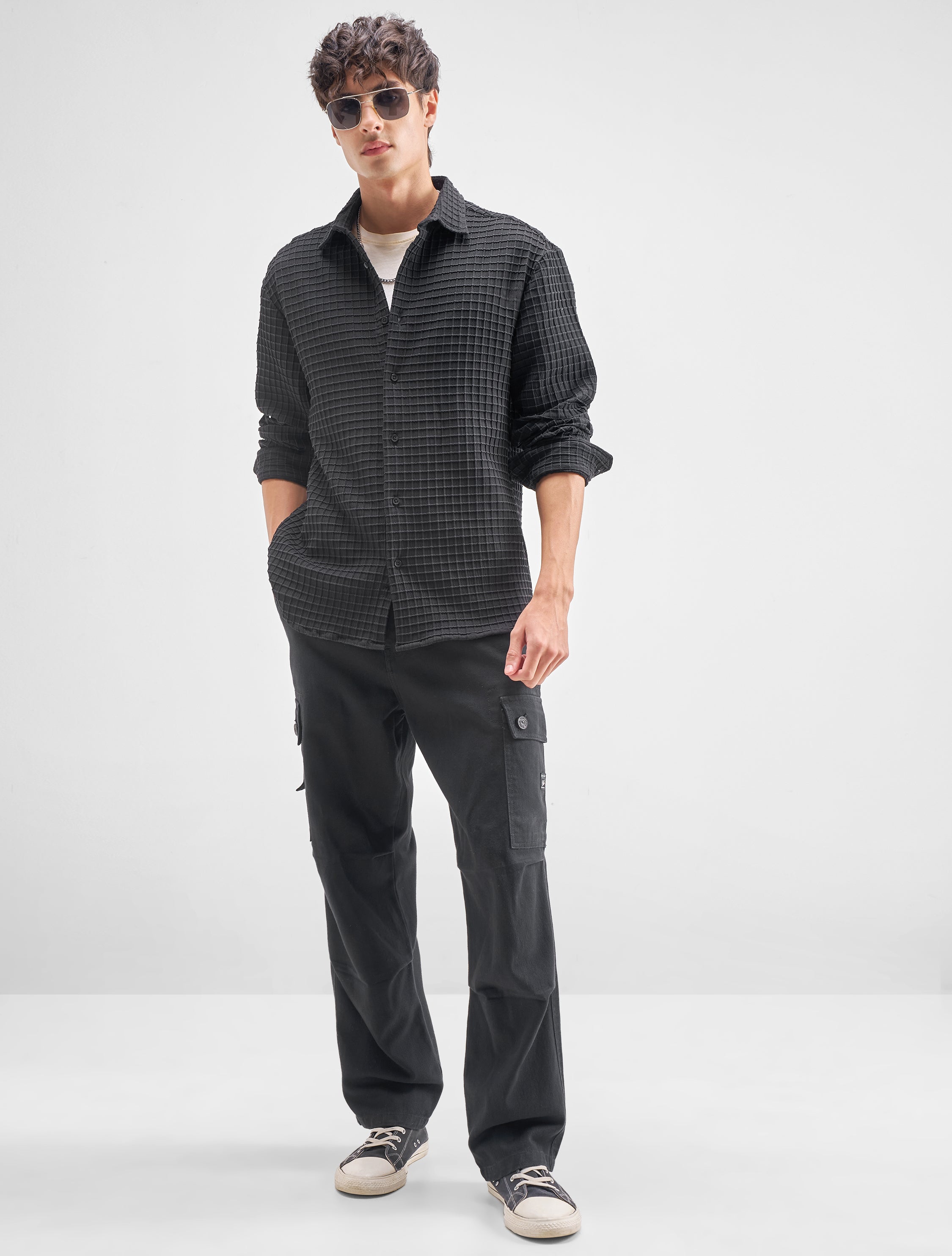 Highlander Men Black Self Design Relaxed Fit Casual Shirt - Black - Image 2