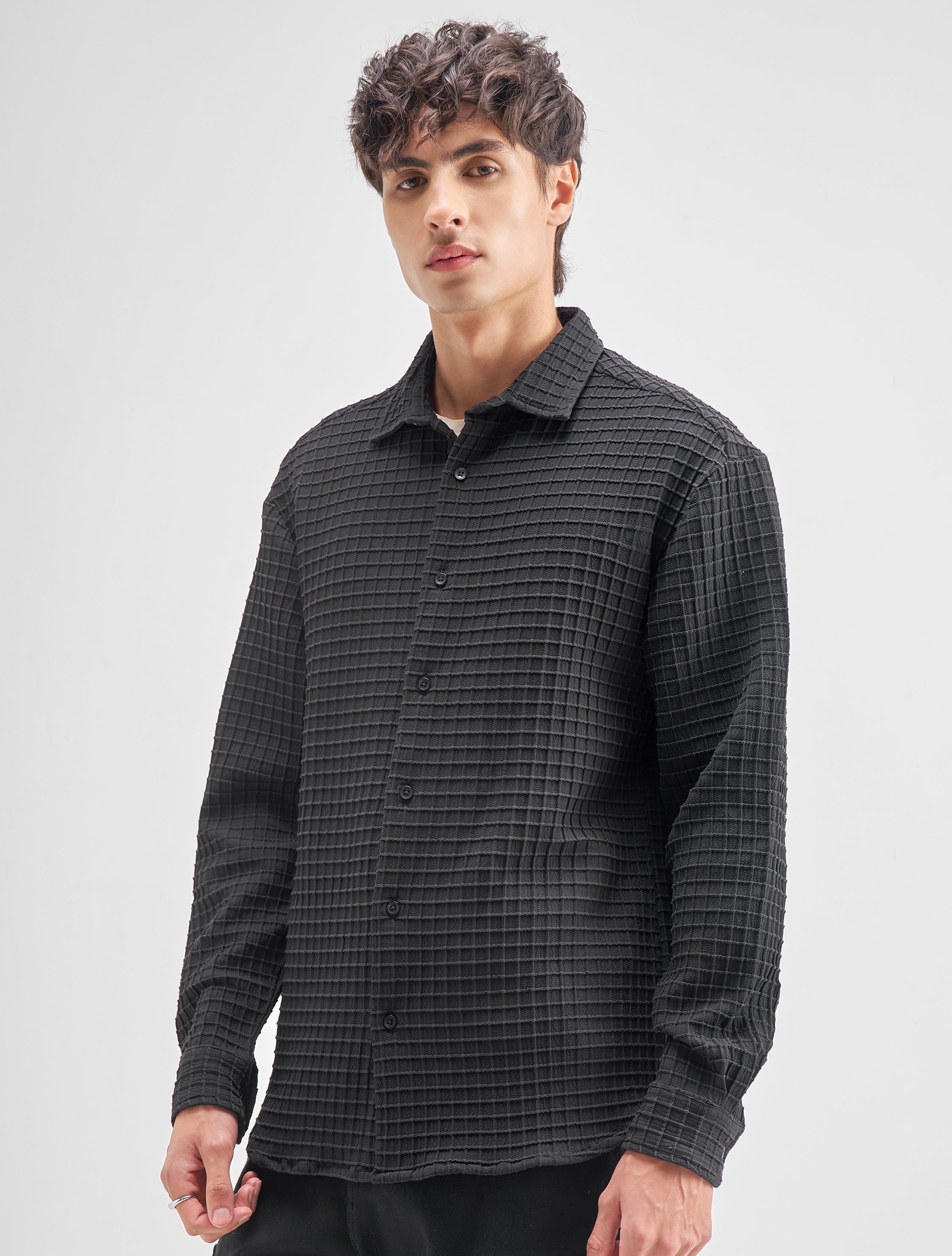 Highlander Men Black Self Design Relaxed Fit Casual Shirt - Black - Image 4