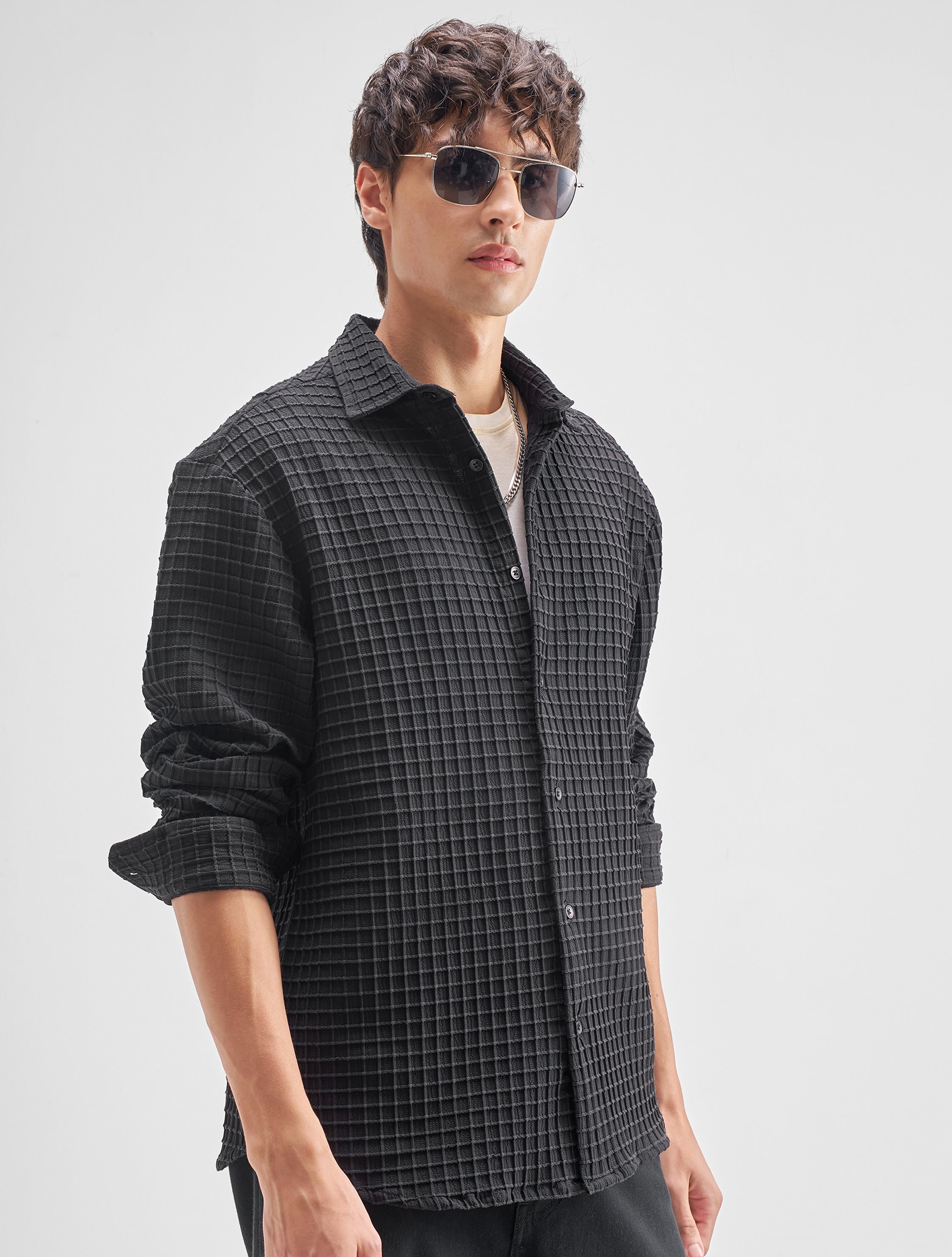 Highlander Men Black Self Design Relaxed Fit Casual Shirt - Black - Image 6