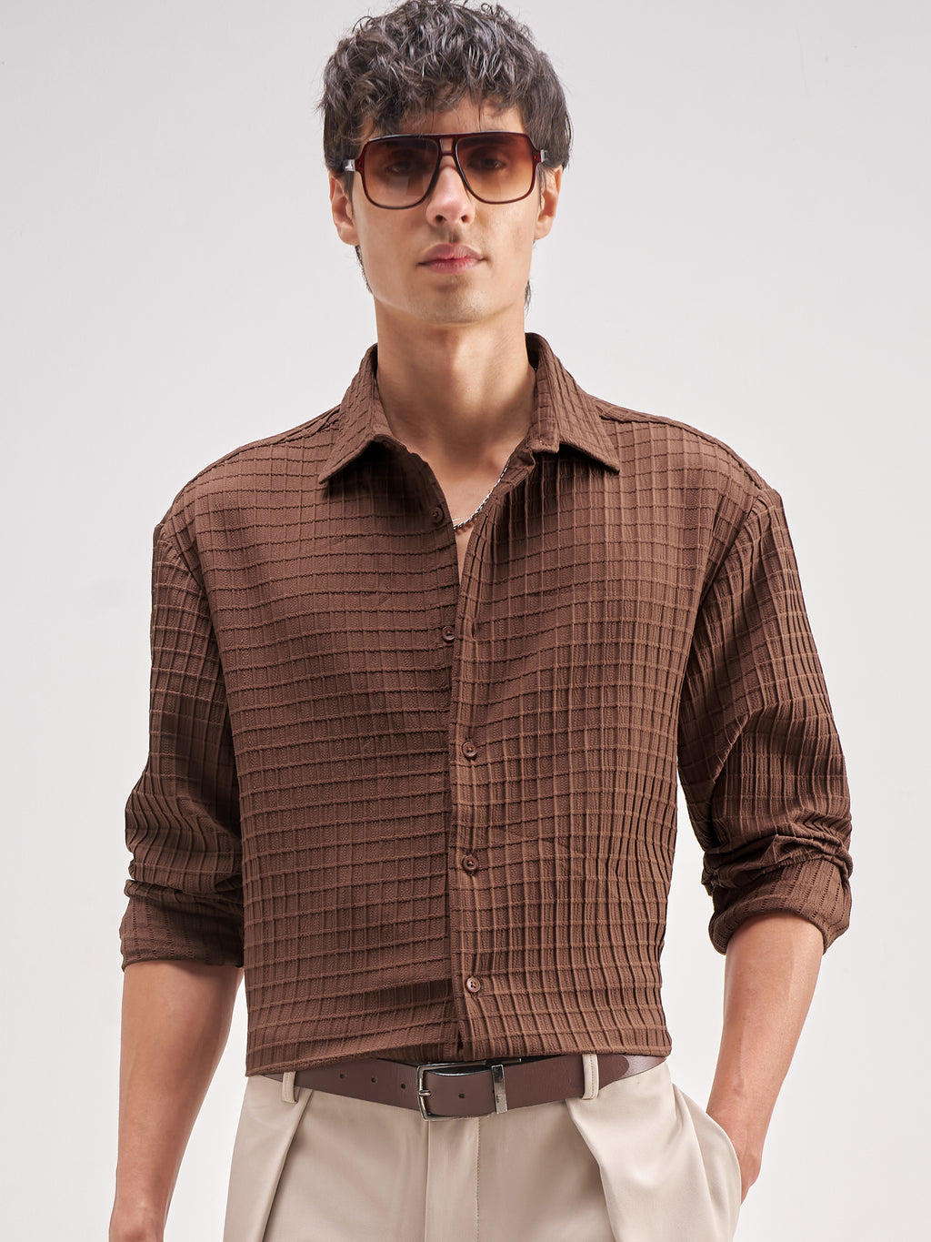 Highlander Men Coffee Brown Self Design Relaxed Fit Casual Shirt - Coffee Brown - Image 1