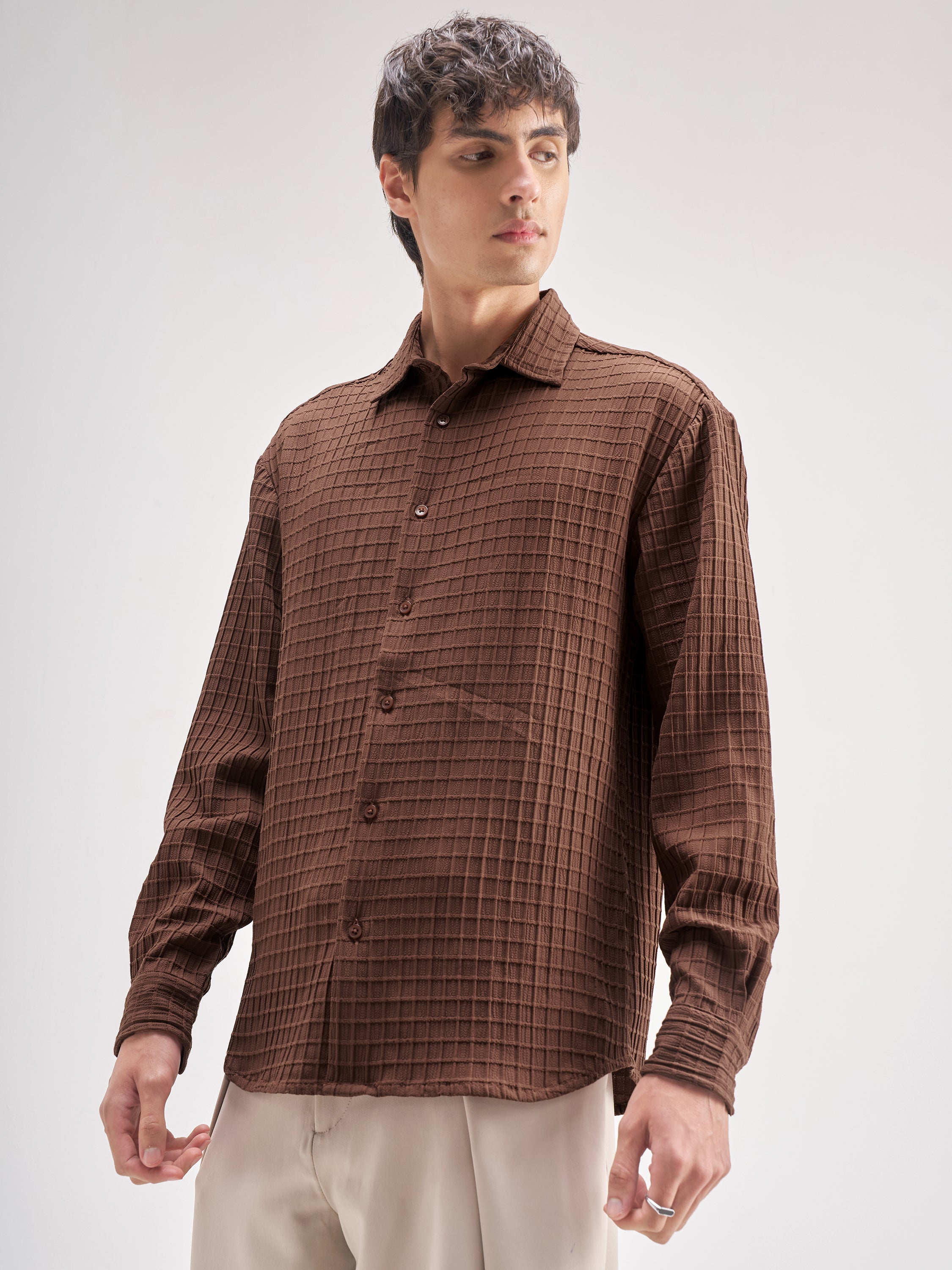 Highlander Men Coffee Brown Self Design Relaxed Fit Casual Shirt - Coffee Brown - Image 4