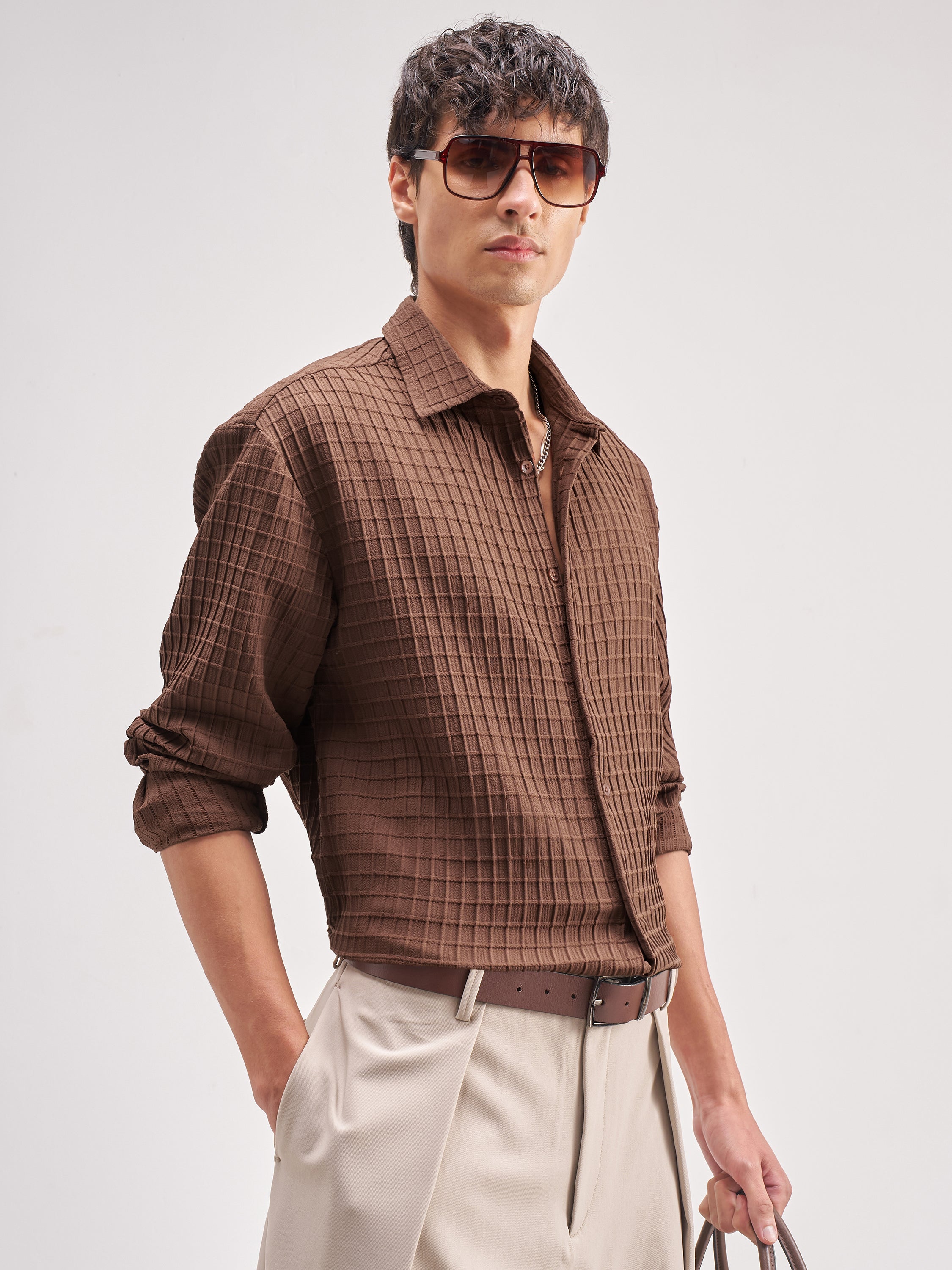Highlander Men Coffee Brown Self Design Relaxed Fit Casual Shirt - Coffee Brown - Image 6