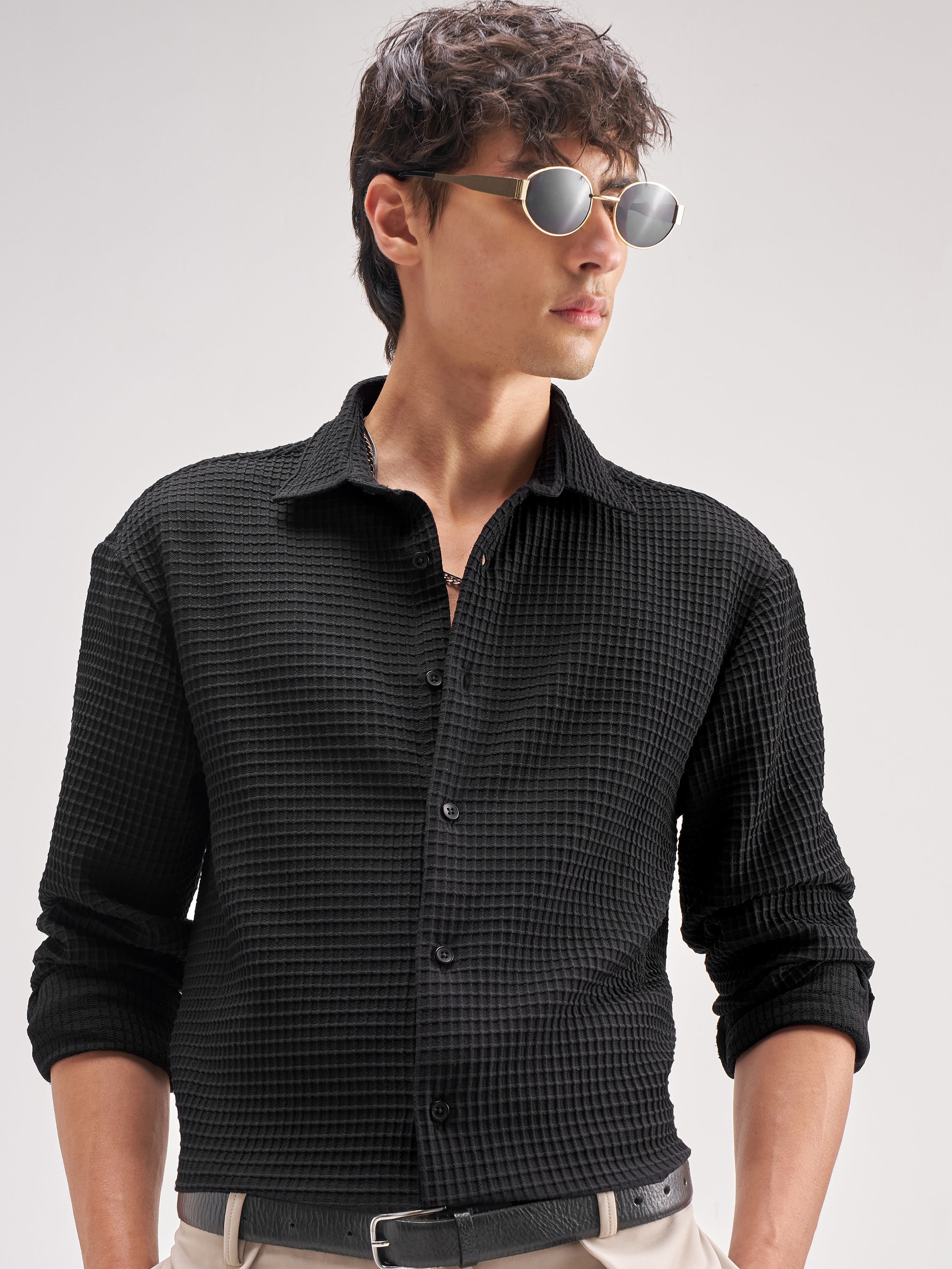 Highlander Men Black Self Design Regular Fit Casual Shirt - Black - Image 1