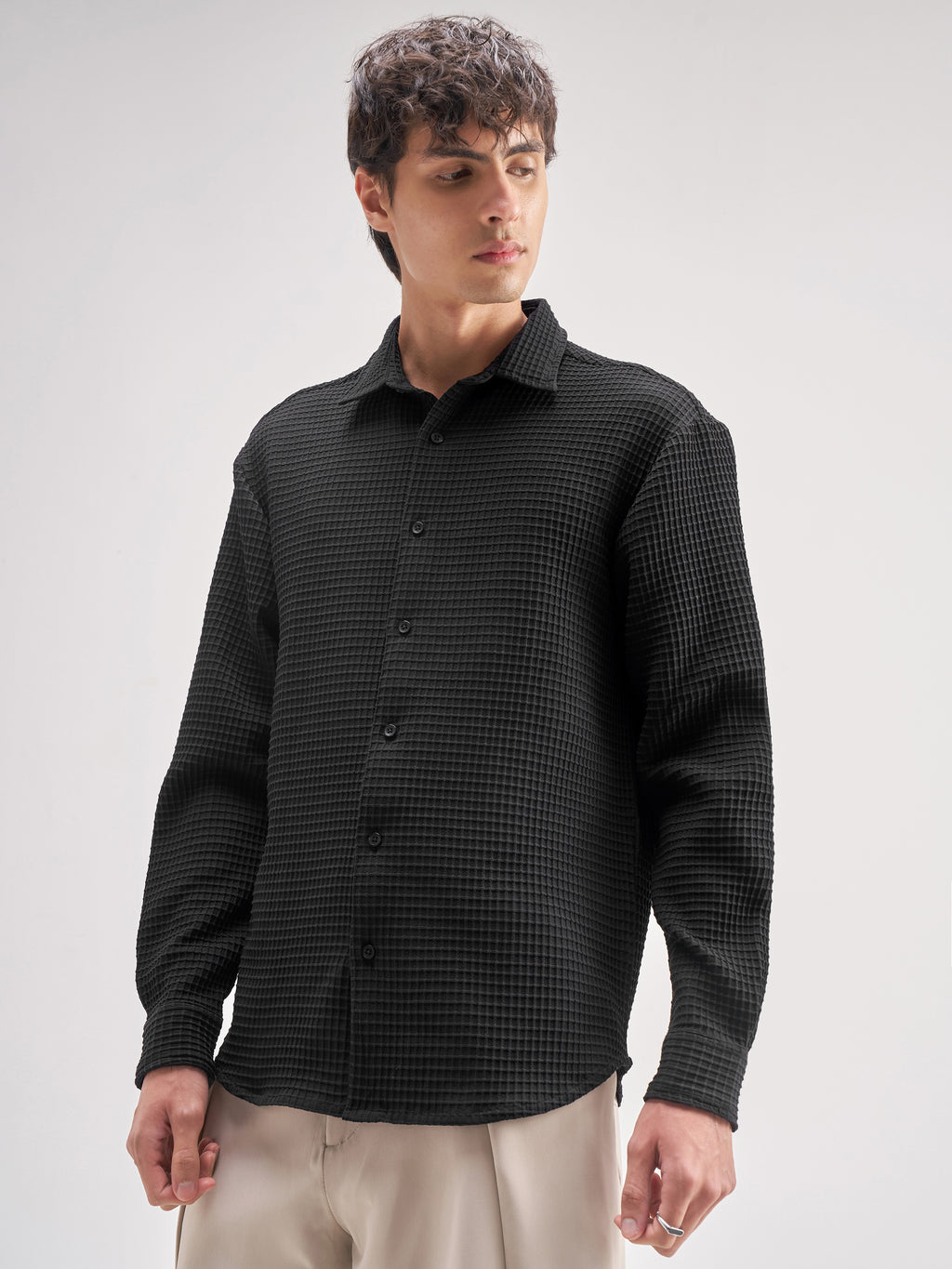 Highlander Men Black Self Design Regular Fit Casual Shirt - Black - Image 4