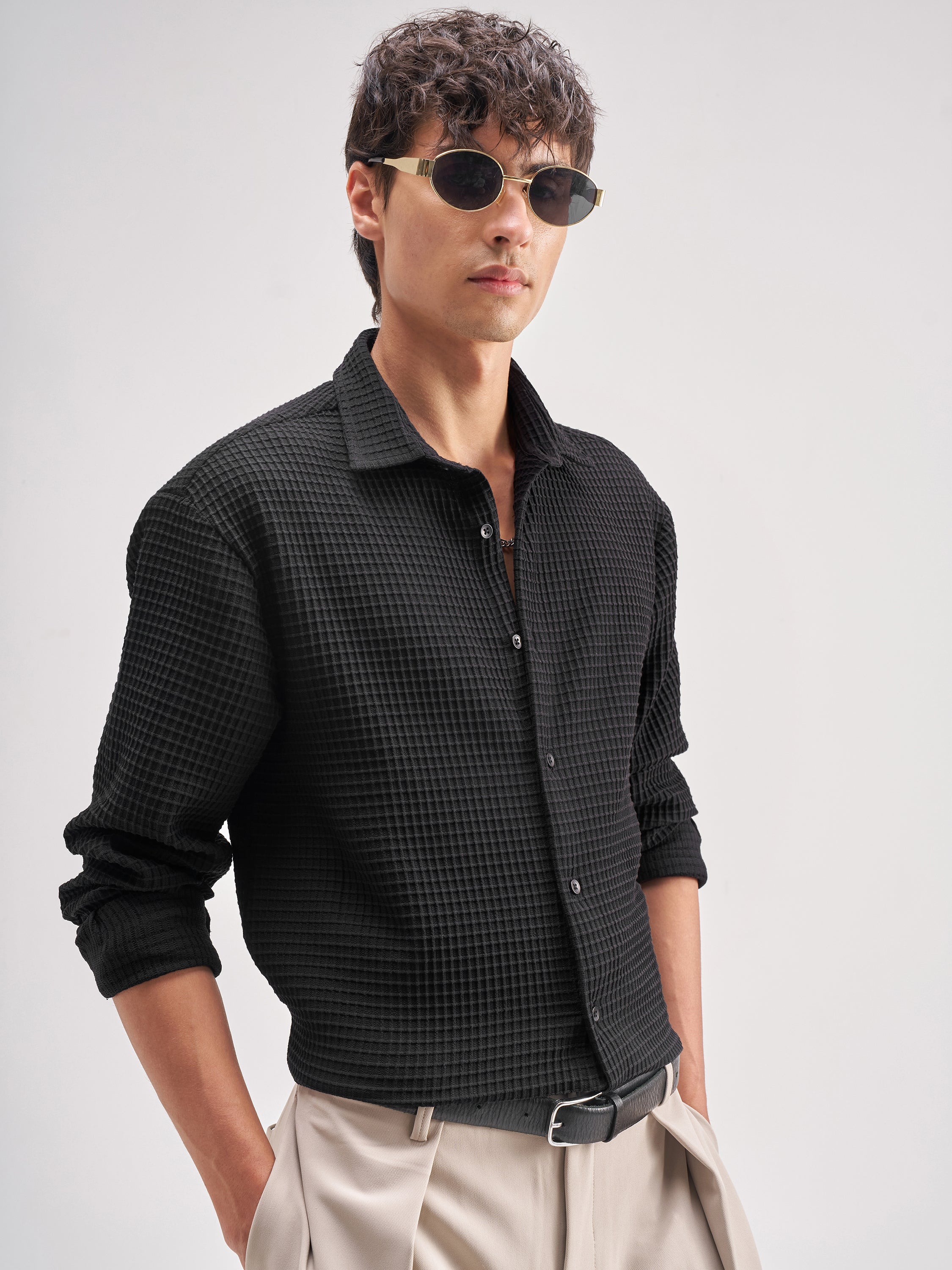 Highlander Men Black Self Design Regular Fit Casual Shirt - Black - Image 6