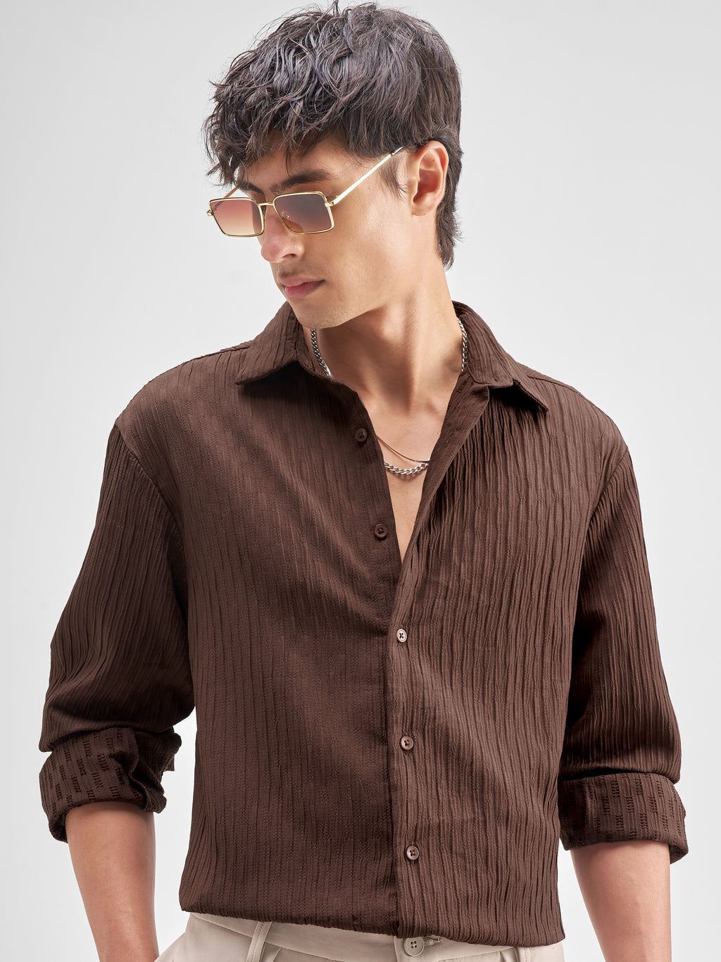 Highlander Men Brown Self Design Regular Fit Casual Shirt - Brown - Image 1