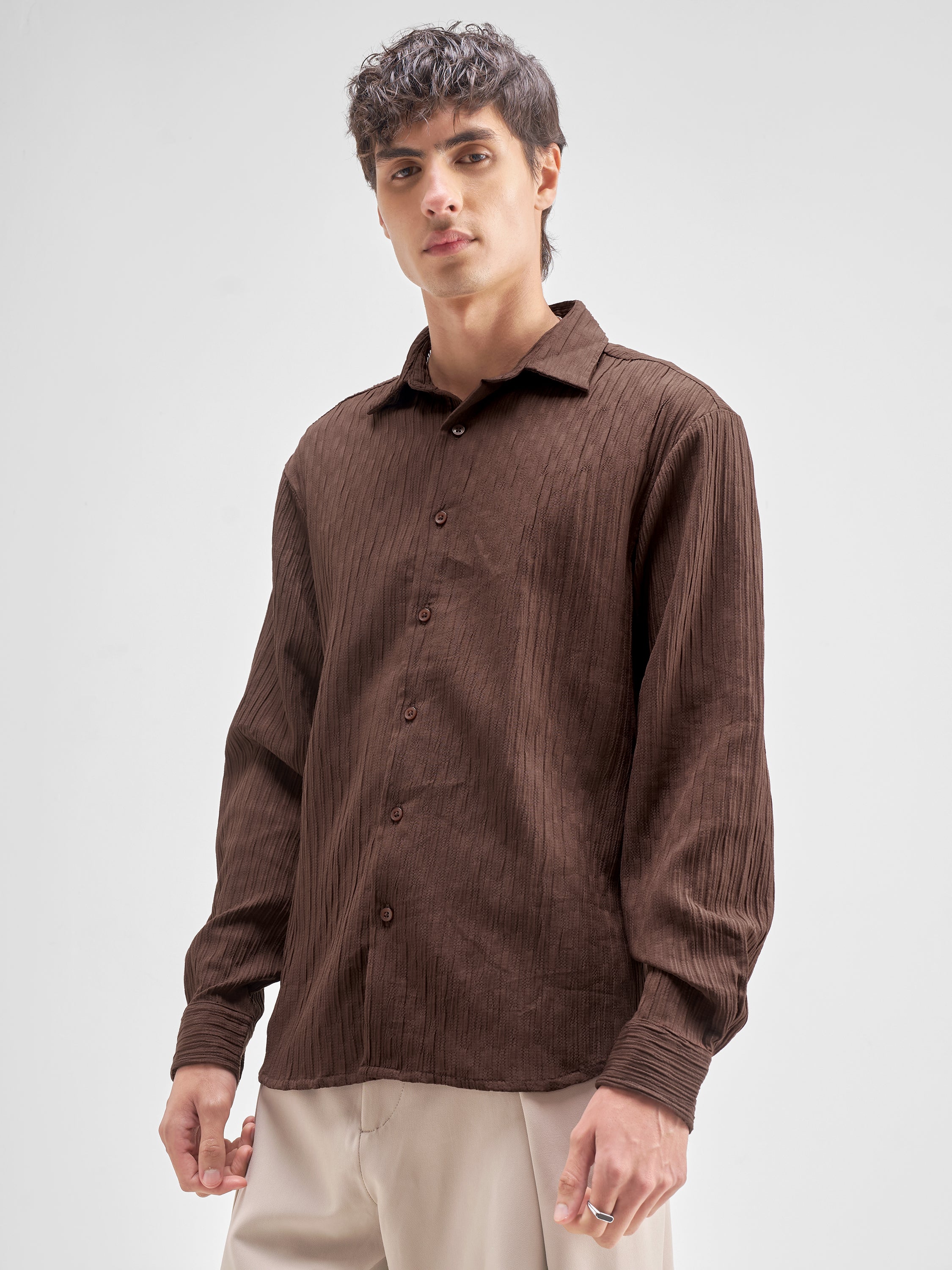 Highlander Men Brown Self Design Regular Fit Casual Shirt - Brown - Image 4