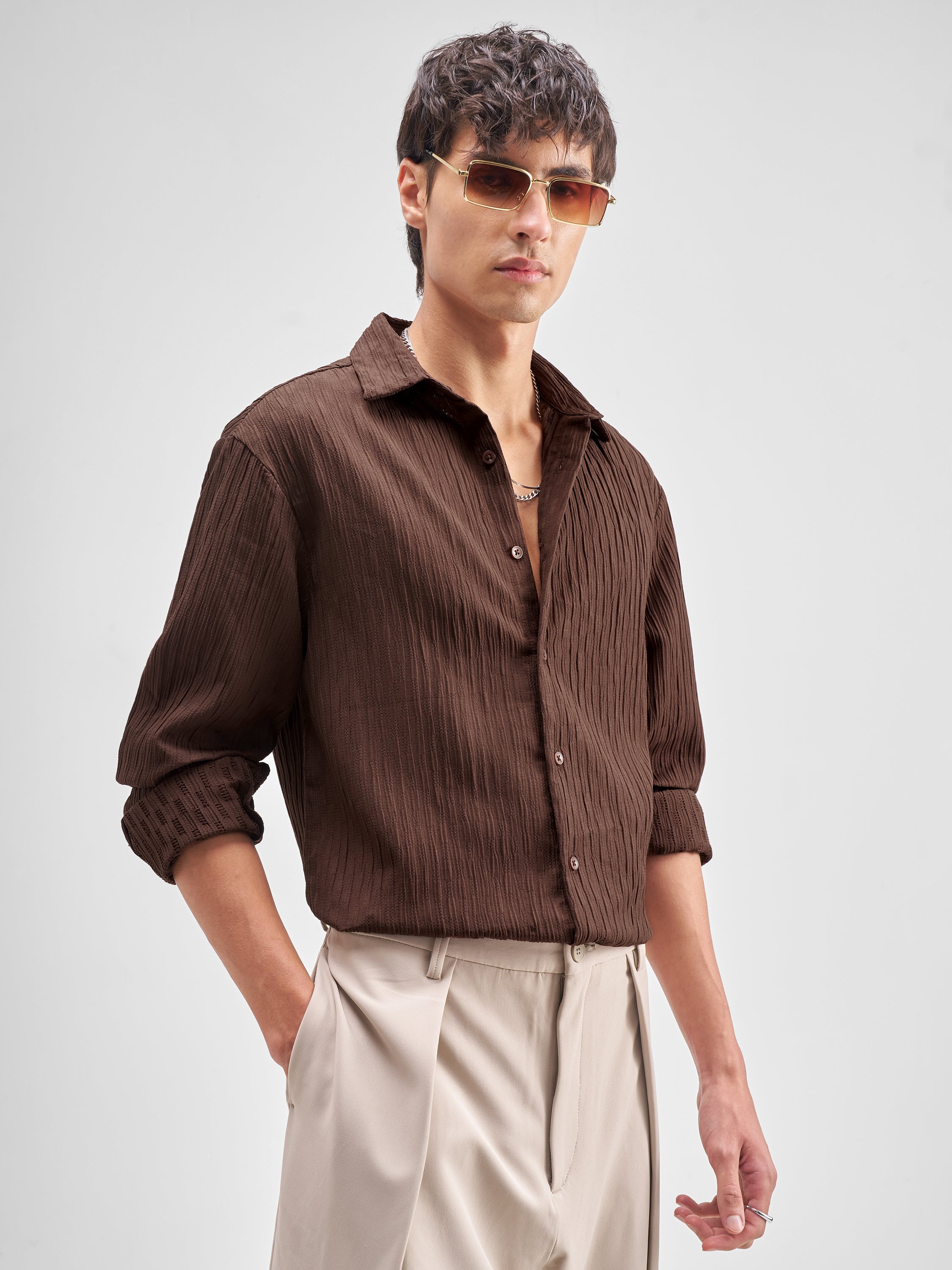 Highlander Men Brown Self Design Regular Fit Casual Shirt - Brown - Image 6