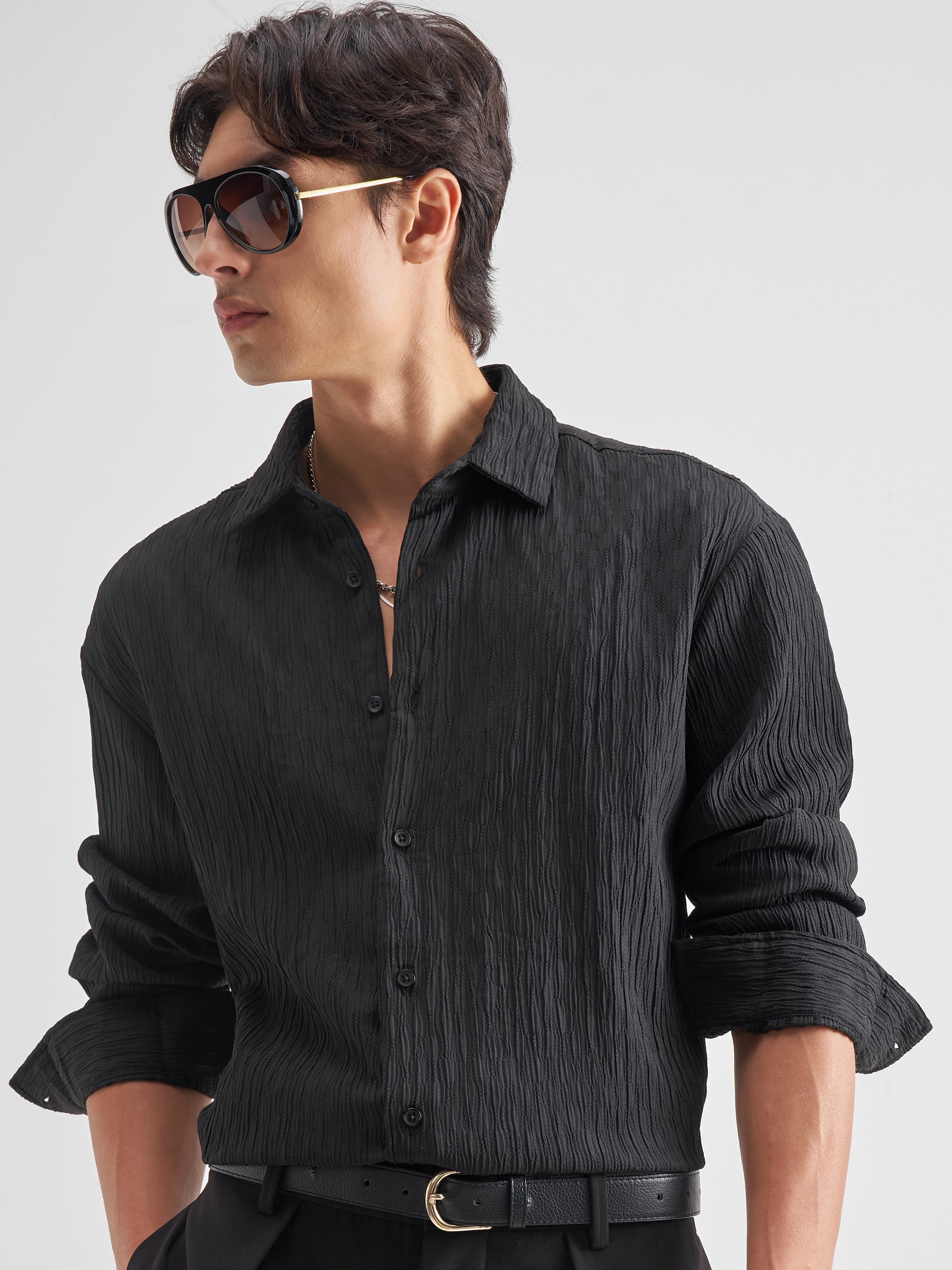 Highlander Men Black Self Design Regular Fit Casual Shirt - Black - Image 1