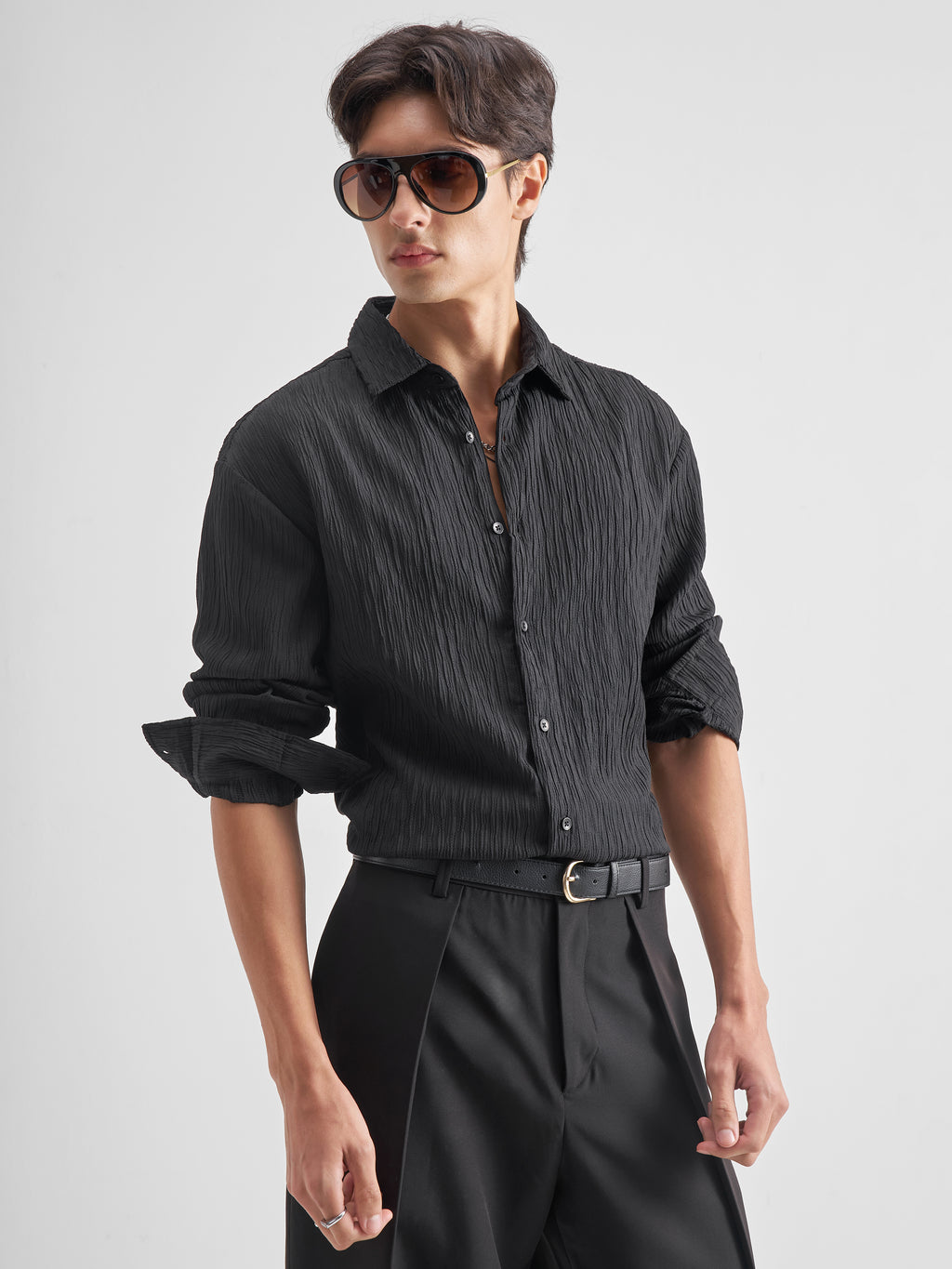 Highlander Men Black Self Design Regular Fit Casual Shirt - Black - Image 6