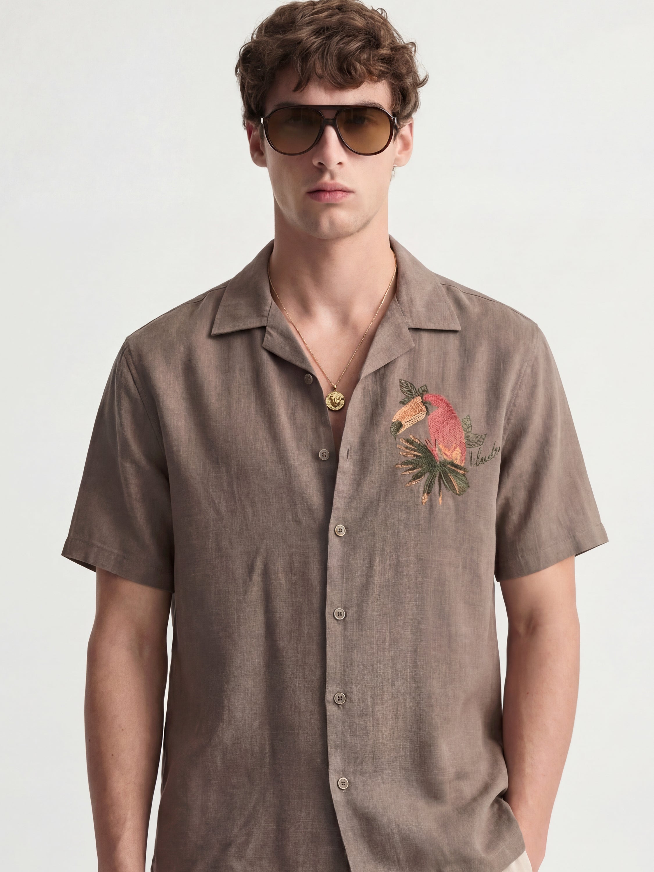 Highlander Men Tan Embroidered Relaxed Fit Casual Shirt - Tan - Image 2