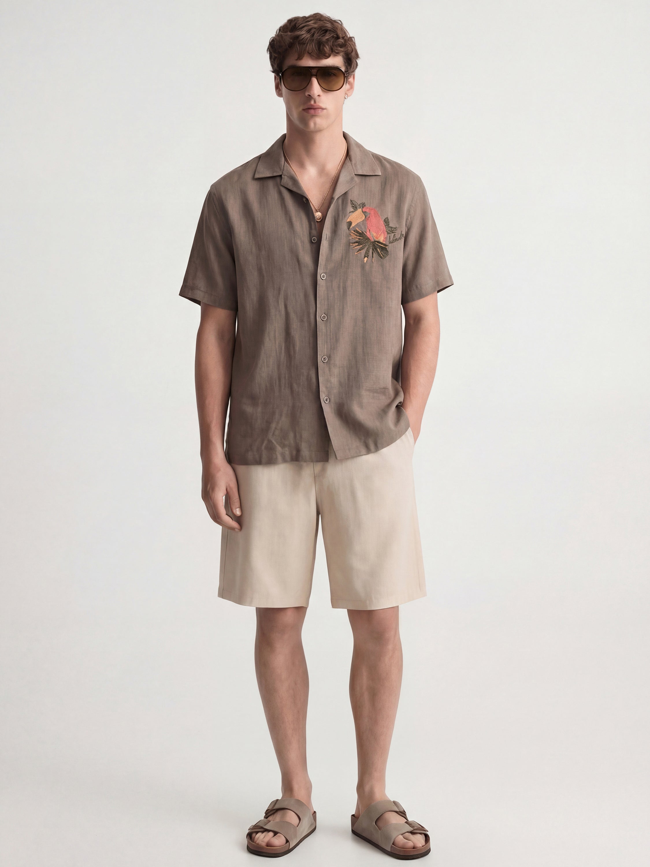 Highlander Men Tan Embroidered Relaxed Fit Casual Shirt - Tan - Image 3
