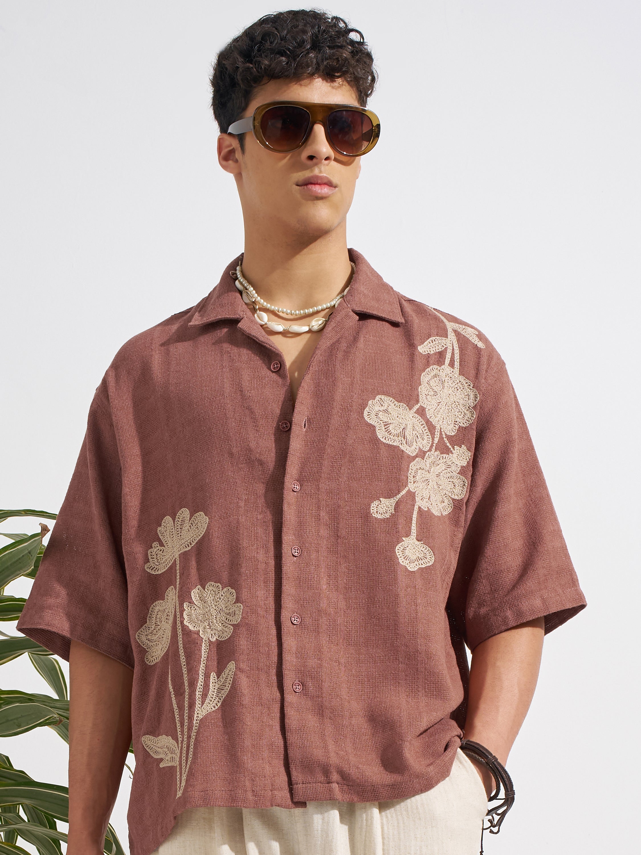 Highlander Men Brown Embroidered Boxy Fit Casual Shirt