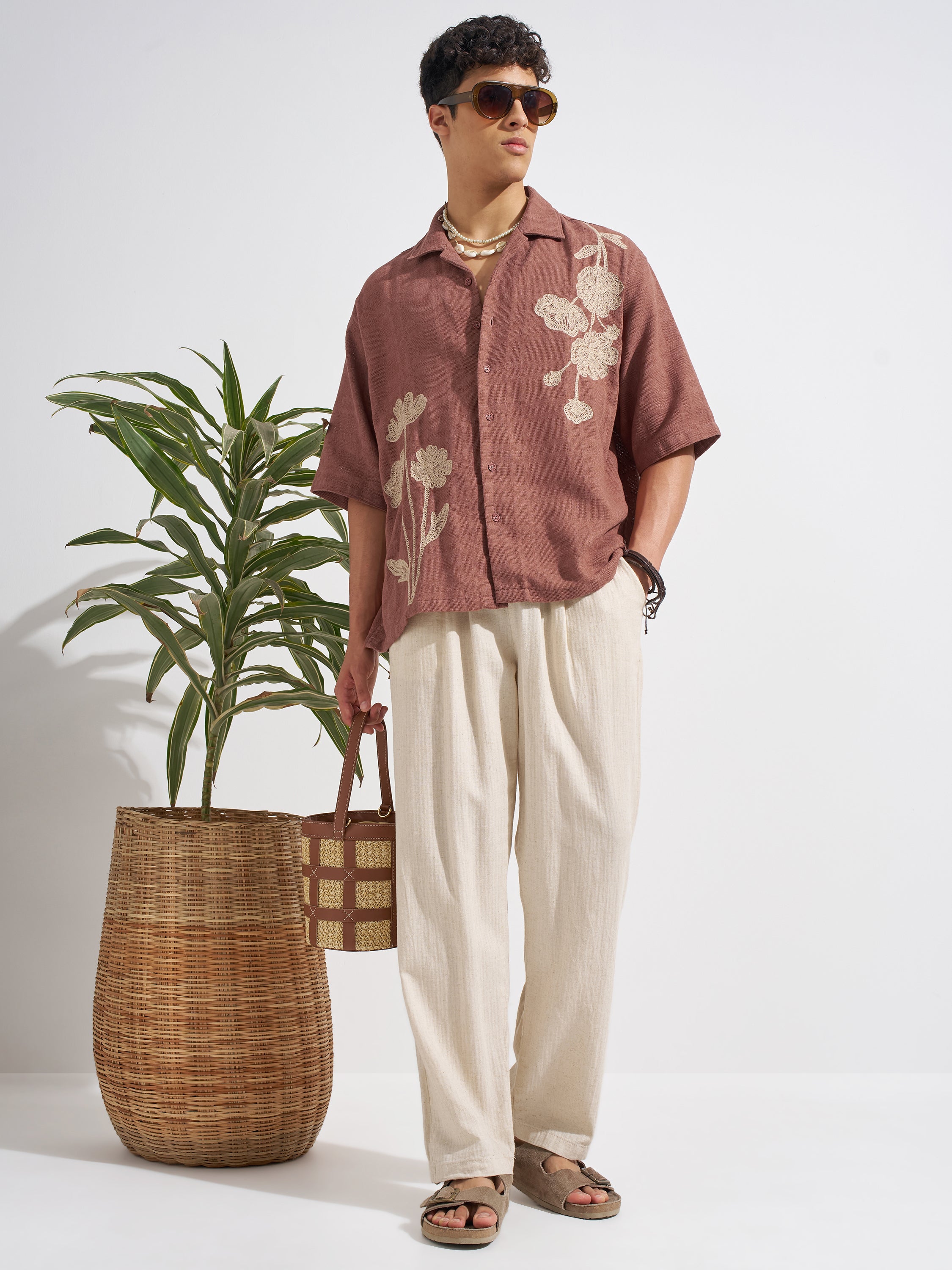 Highlander Men Brown Embroidered Boxy Fit Casual Shirt