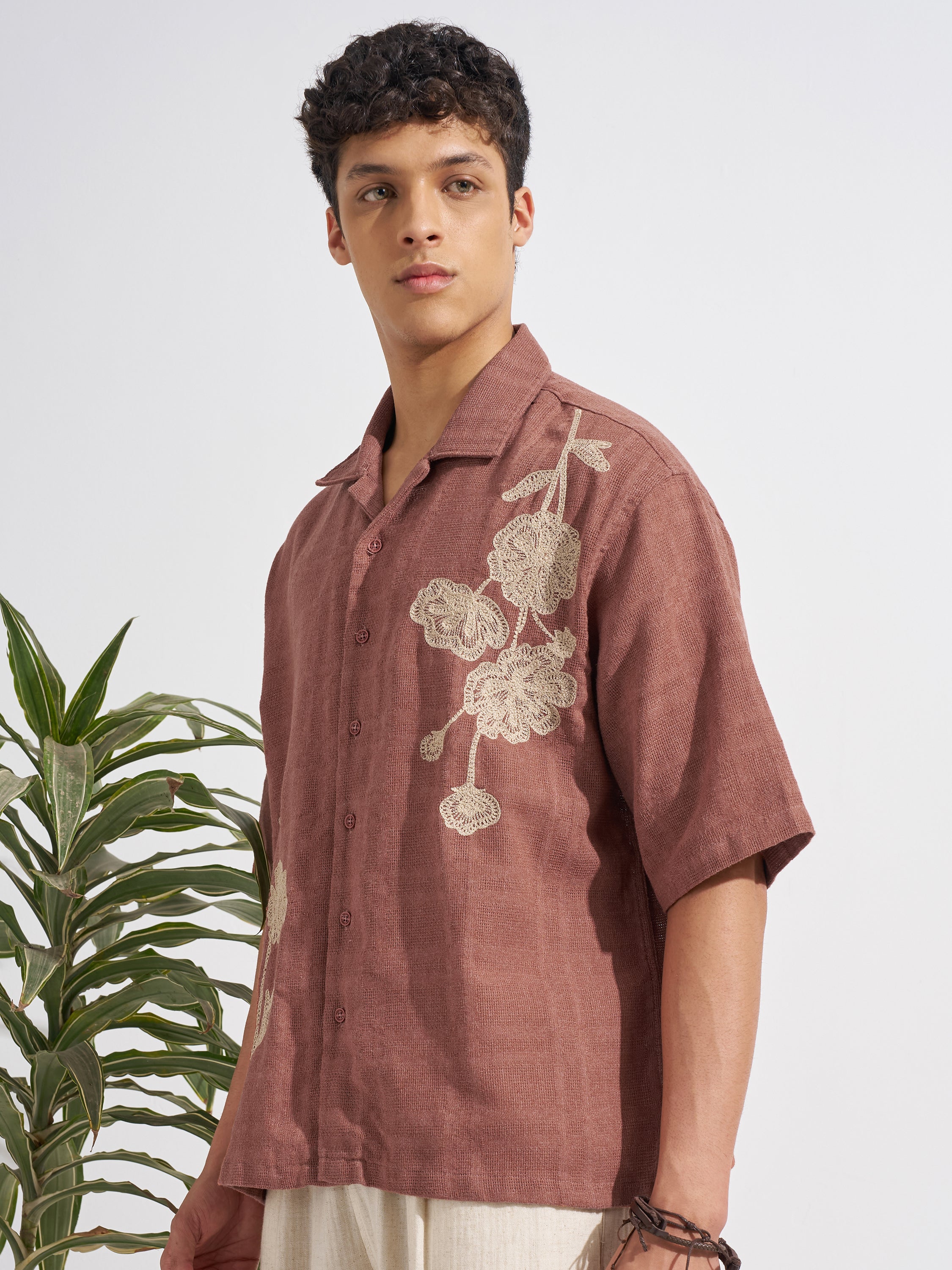 Highlander Men Brown Embroidered Boxy Fit Casual Shirt