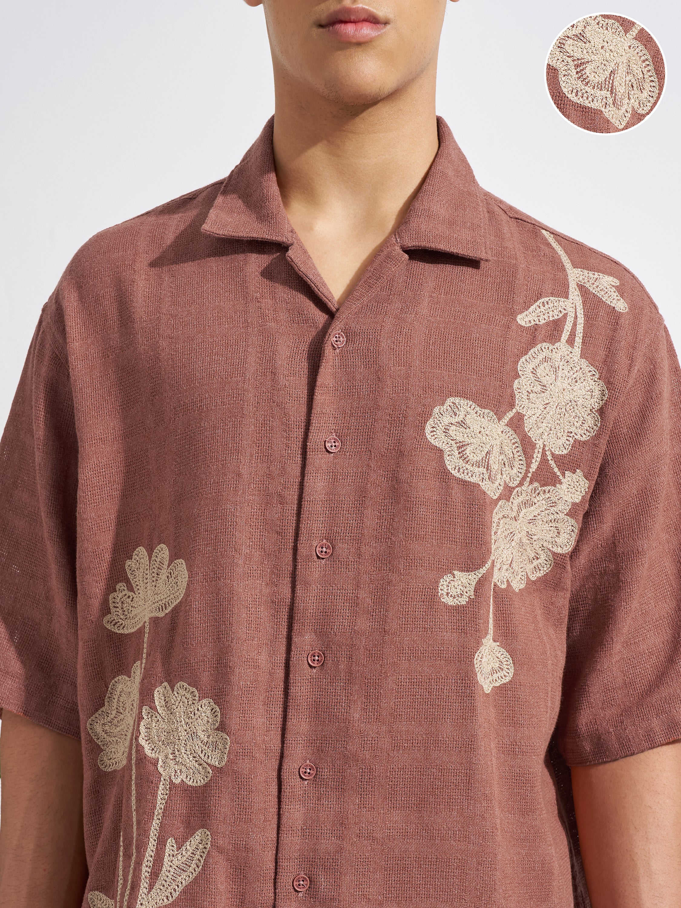 Highlander Men Brown Embroidered Boxy Fit Casual Shirt