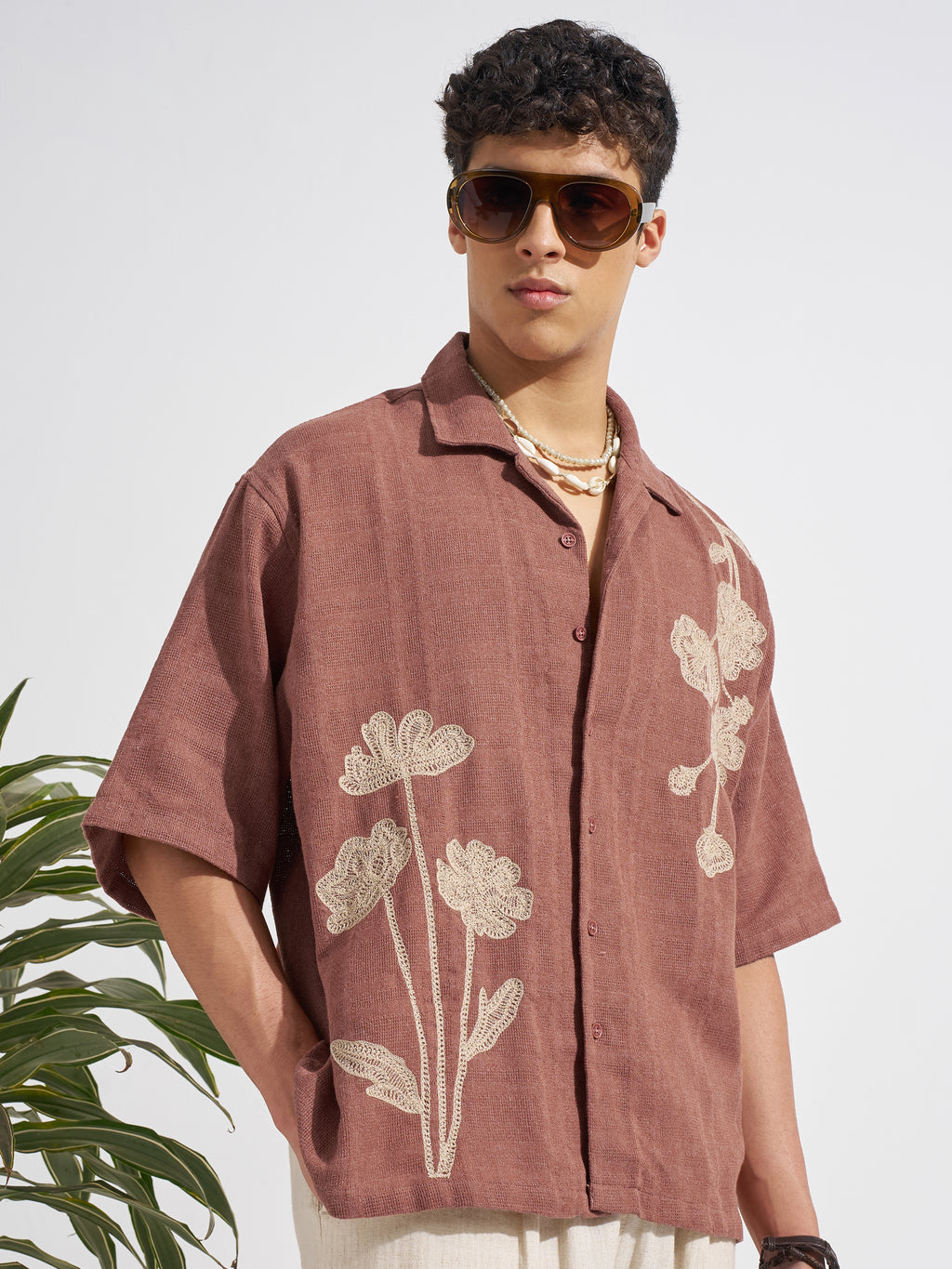 Highlander Men Brown Embroidered Boxy Fit Casual Shirt