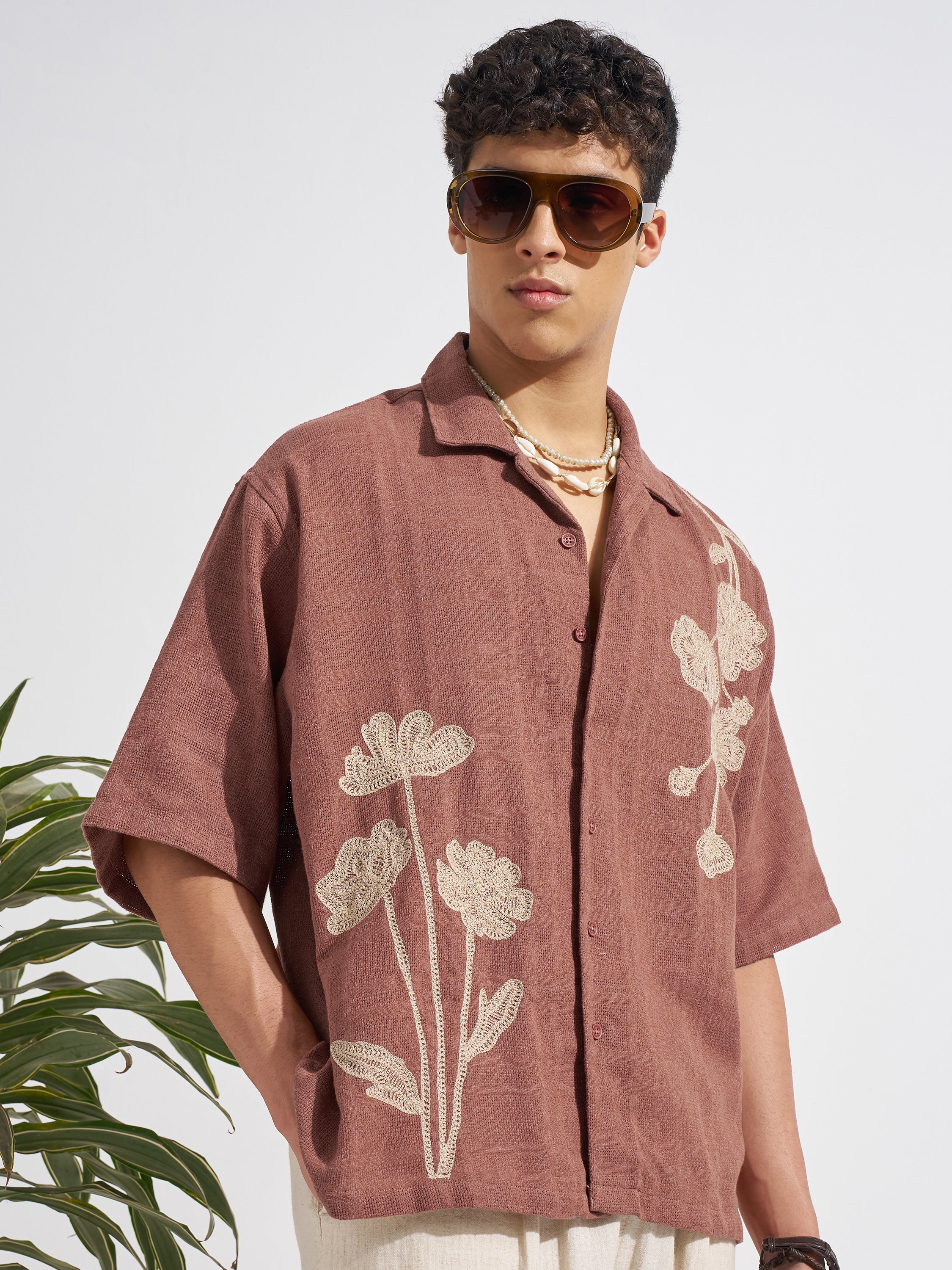 Highlander Men Brown Embroidered Boxy Fit Casual Shirt