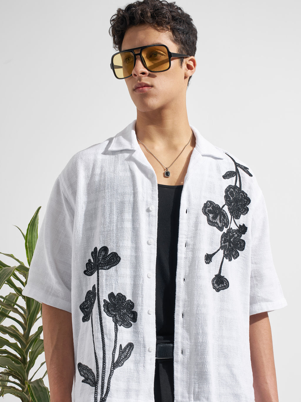 Highlander Men White Embroidered Boxy Fit Casual Shirt