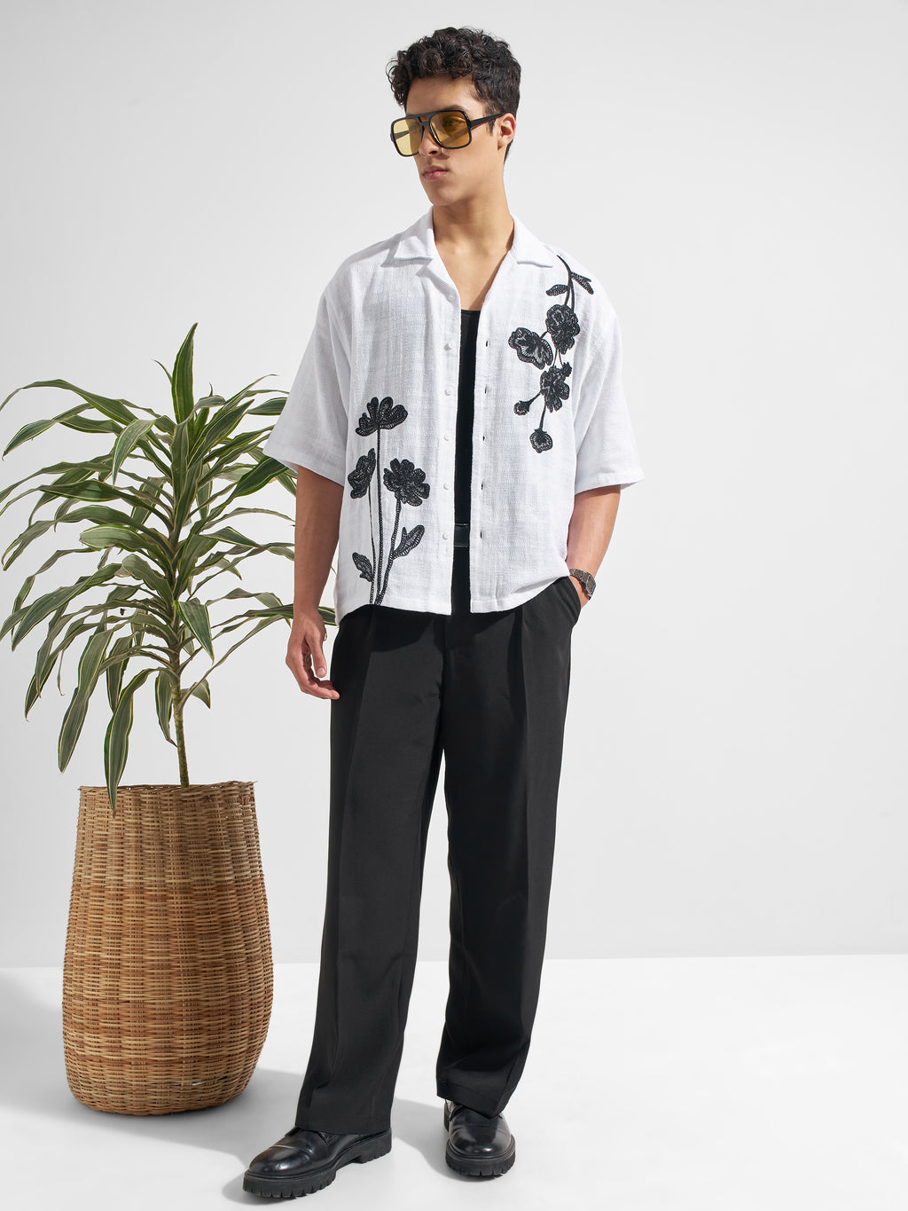Highlander Men White Embroidered Boxy Fit Casual Shirt