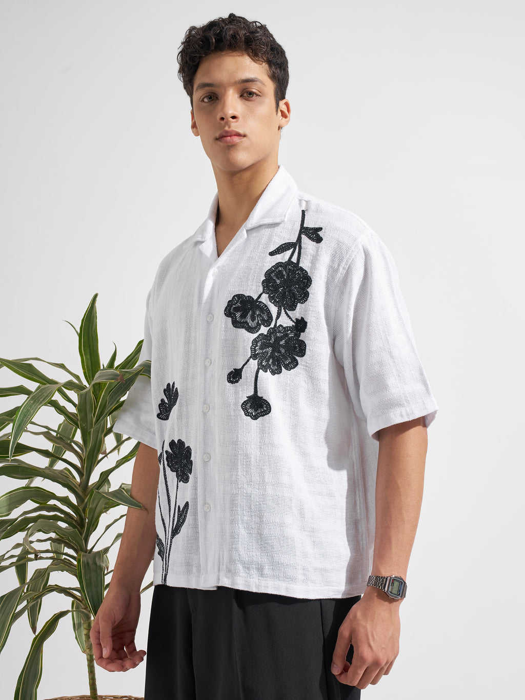 Highlander Men White Embroidered Boxy Fit Casual Shirt