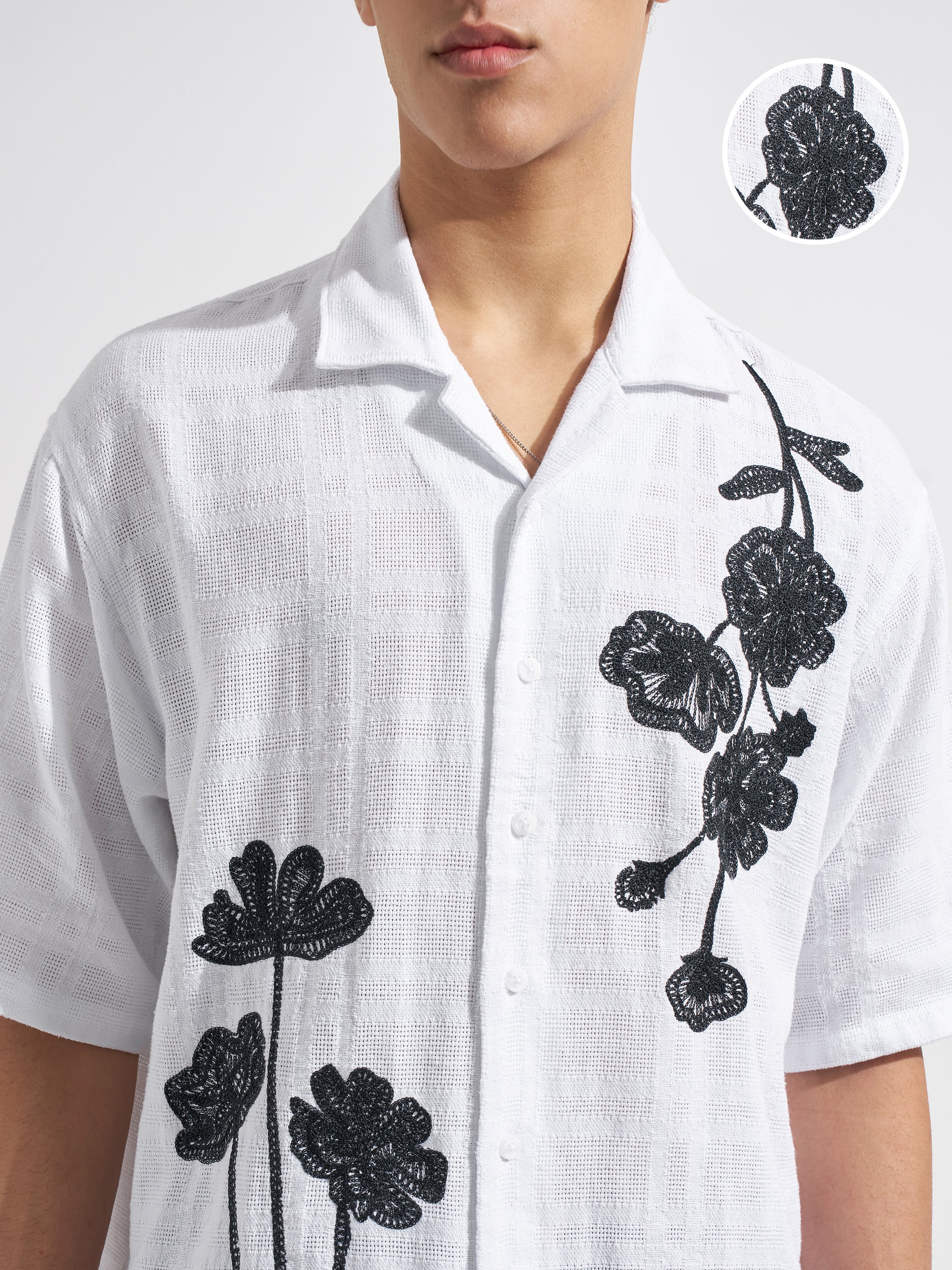 Highlander Men White Embroidered Boxy Fit Casual Shirt