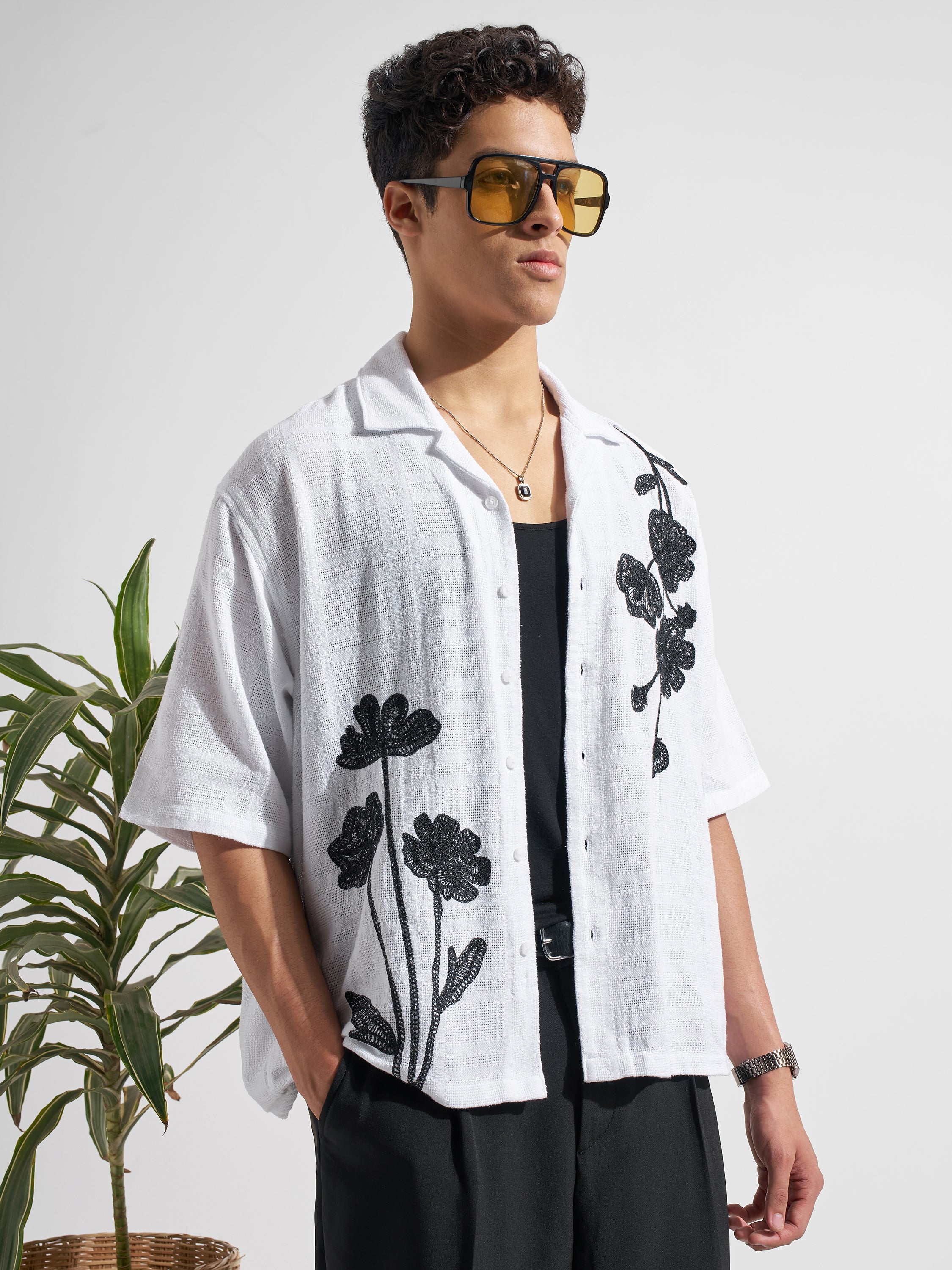 Highlander Men White Embroidered Boxy Fit Casual Shirt