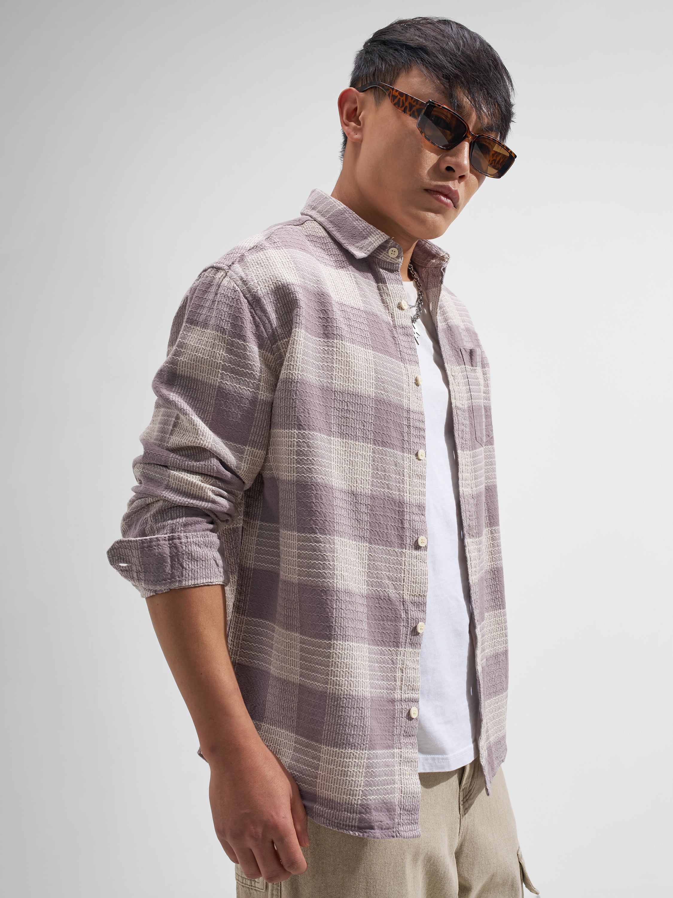 Highlander Men Mauve Checked Relaxed Fit Casual Shirt