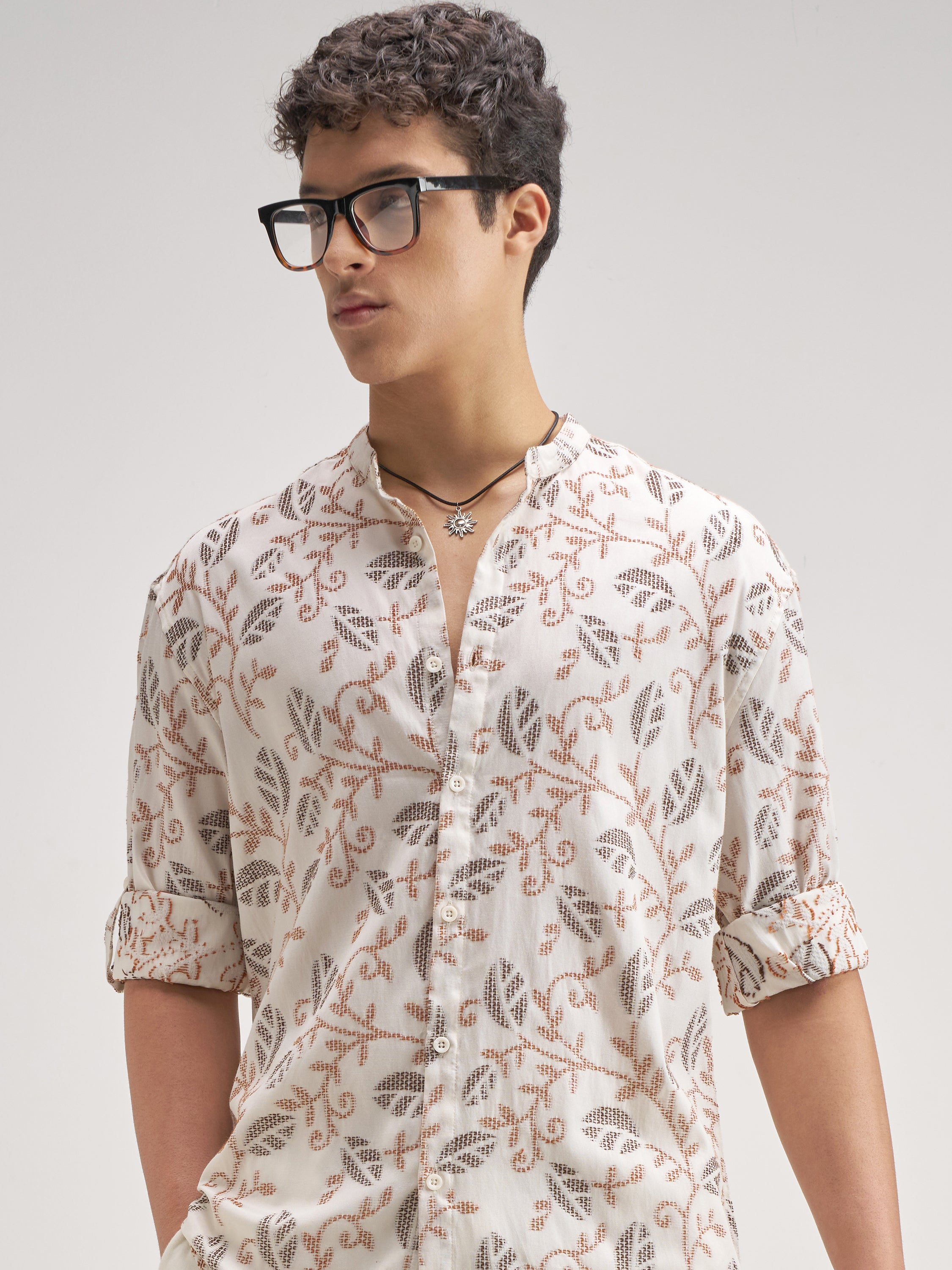 Highlander Men Cream Embroidered Relaxed Fit Casual Shirt - Cream - Image 1