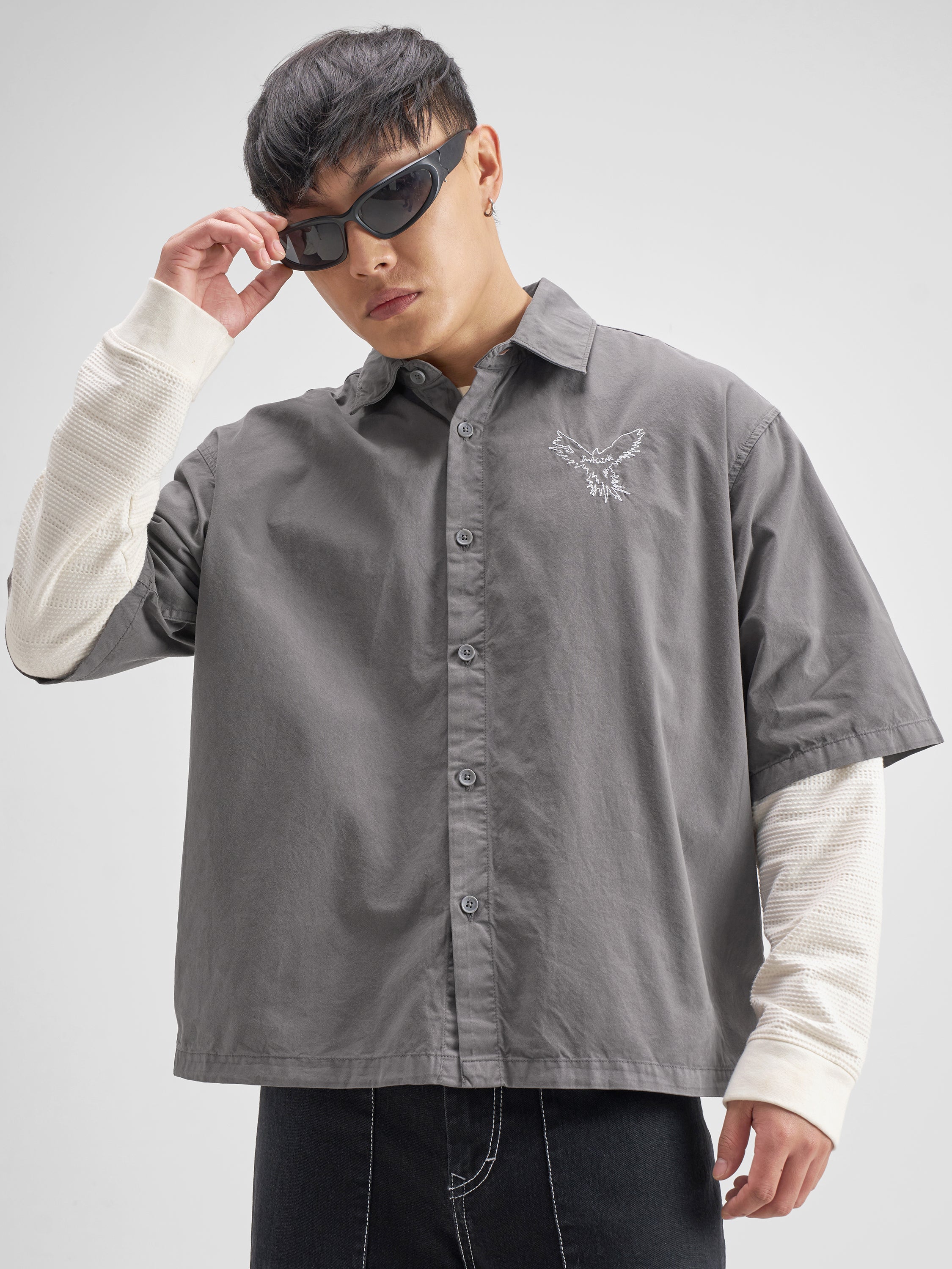 Highlander Men Grey Embroidered Boxy Fit Casual Shirt - Grey - Image 3